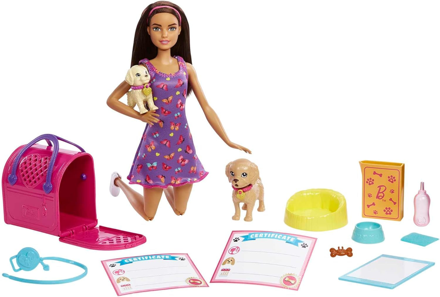 Adoption Barbie Puppy - Dukke og 2 hvalpe, med adoptionscertifikater, farveændringseffekt, bur og tilbehør, til børn fra 3 år og derover, HKD 86