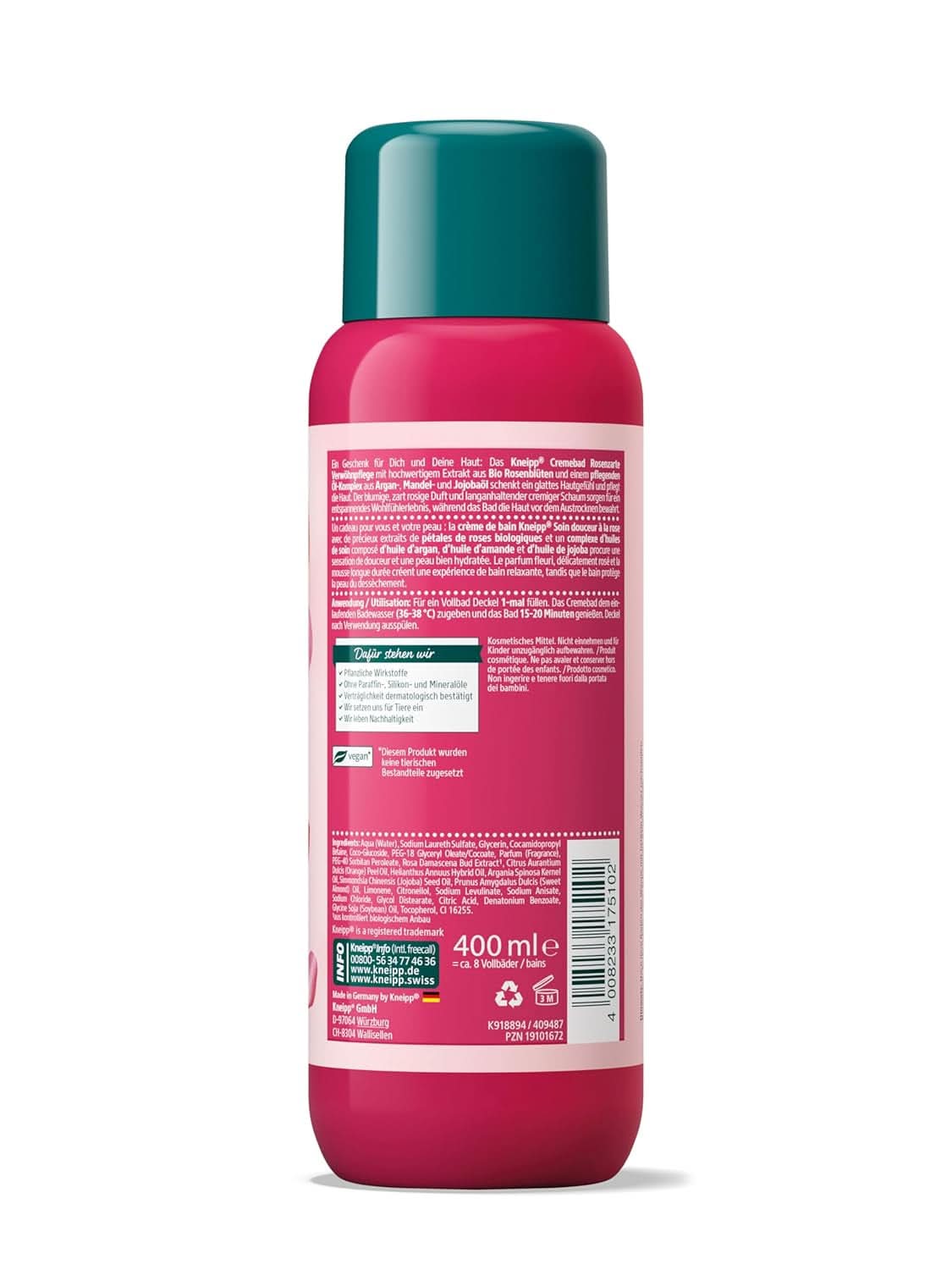 Kneipp, badetilsætningsstof med højkvalitets ekstrakt af økologiske rosenblomster og et kompleks af nærende olier, 400 ml bruser og bad Naty Shop