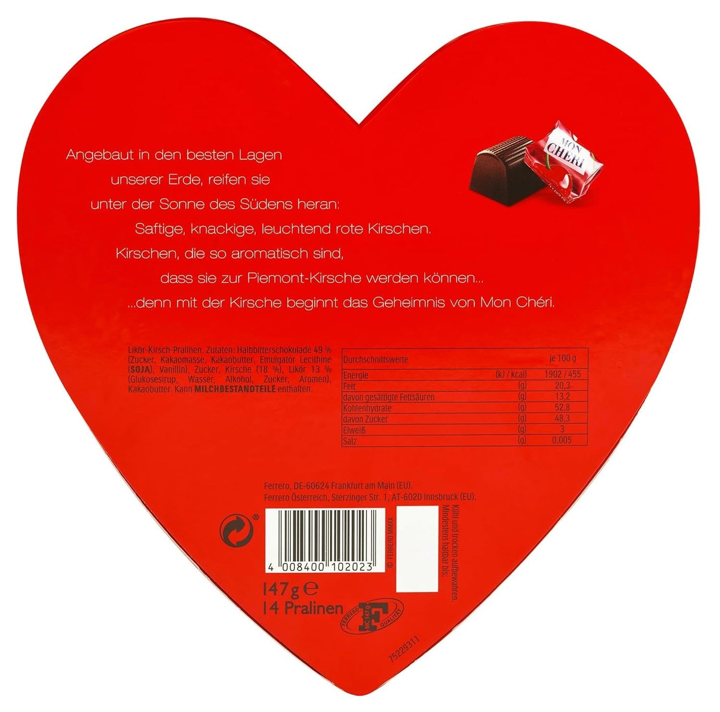 Ferrero Mon Chéri Heart - Valentinsdag Chokoladegave til ham og hende - Sprød chokolade, frugtagtig likør og kirsebær med smag - Til Valentinsdag, Mors Dag og påske - 1 pakke 147g