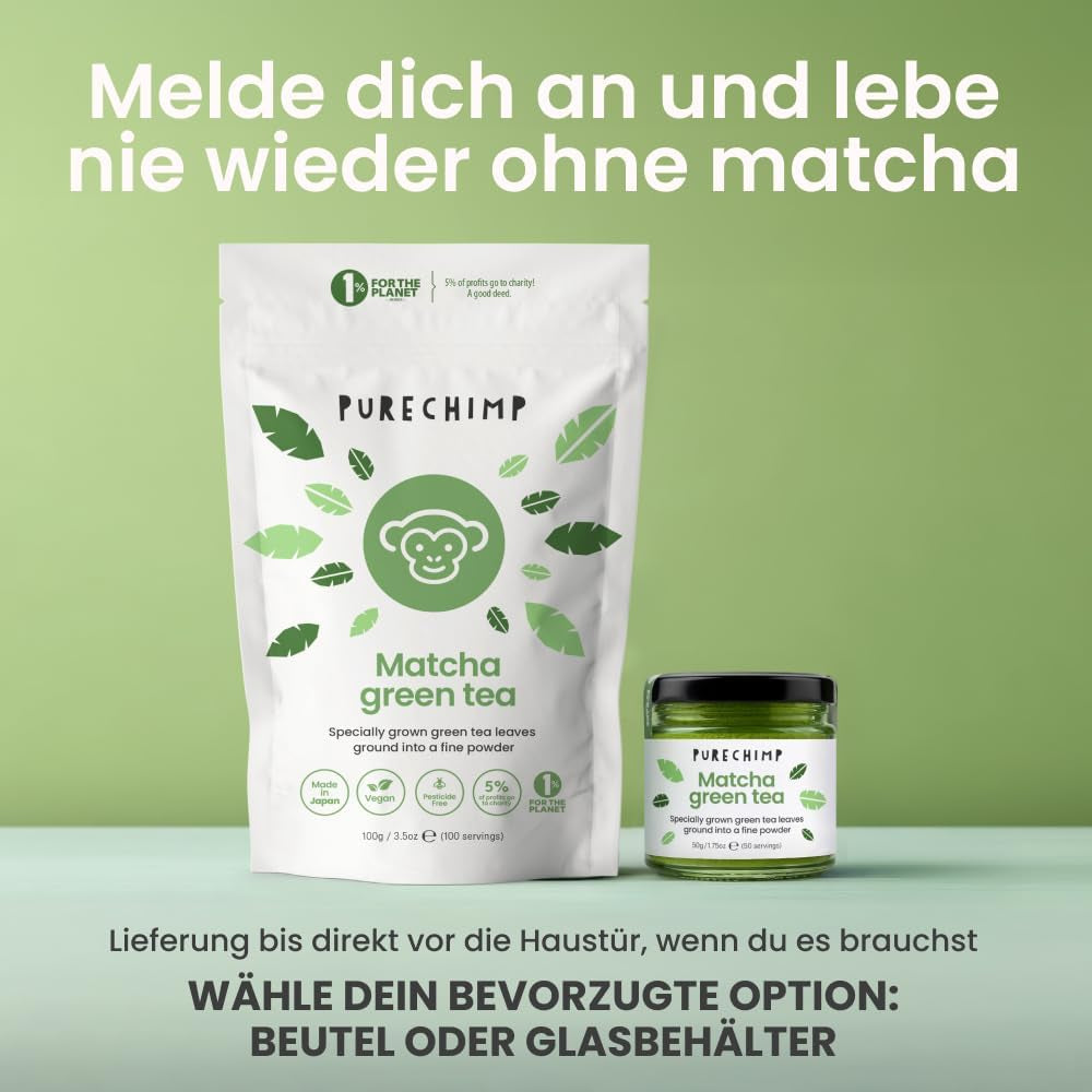 Purechimp Matcha-pulver af ceremoniel kvalitet 50 g. 100% ren skyggedyrket tepulver til lattes, infusioner og opskrifter. Genanvendelig krukke. Rig på antioxidanter.
