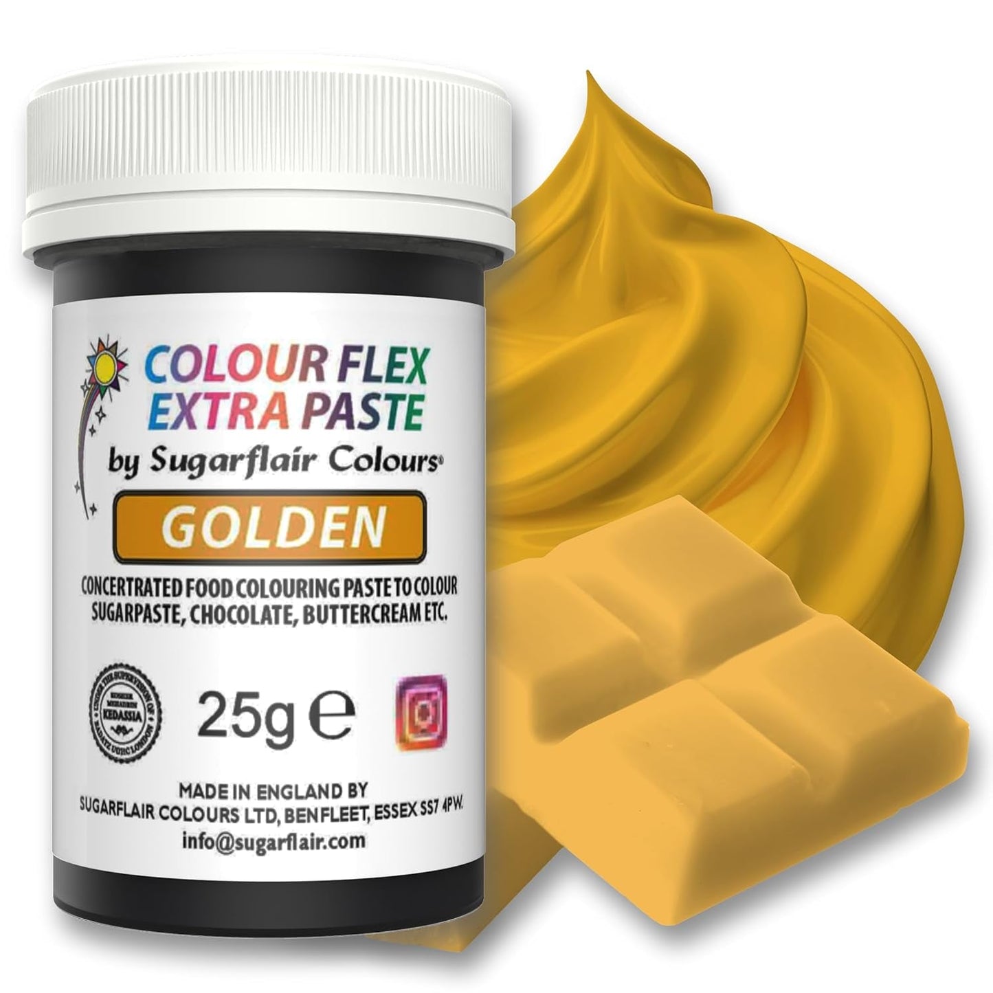 Madfarvepasta Sugarflair Colourflex Extra Paste Golden - Spiselig madfarve til smørcreme, chokolade, sukkerpasta, glasur, fondant, kageblandinger, dej og mere - 25g
