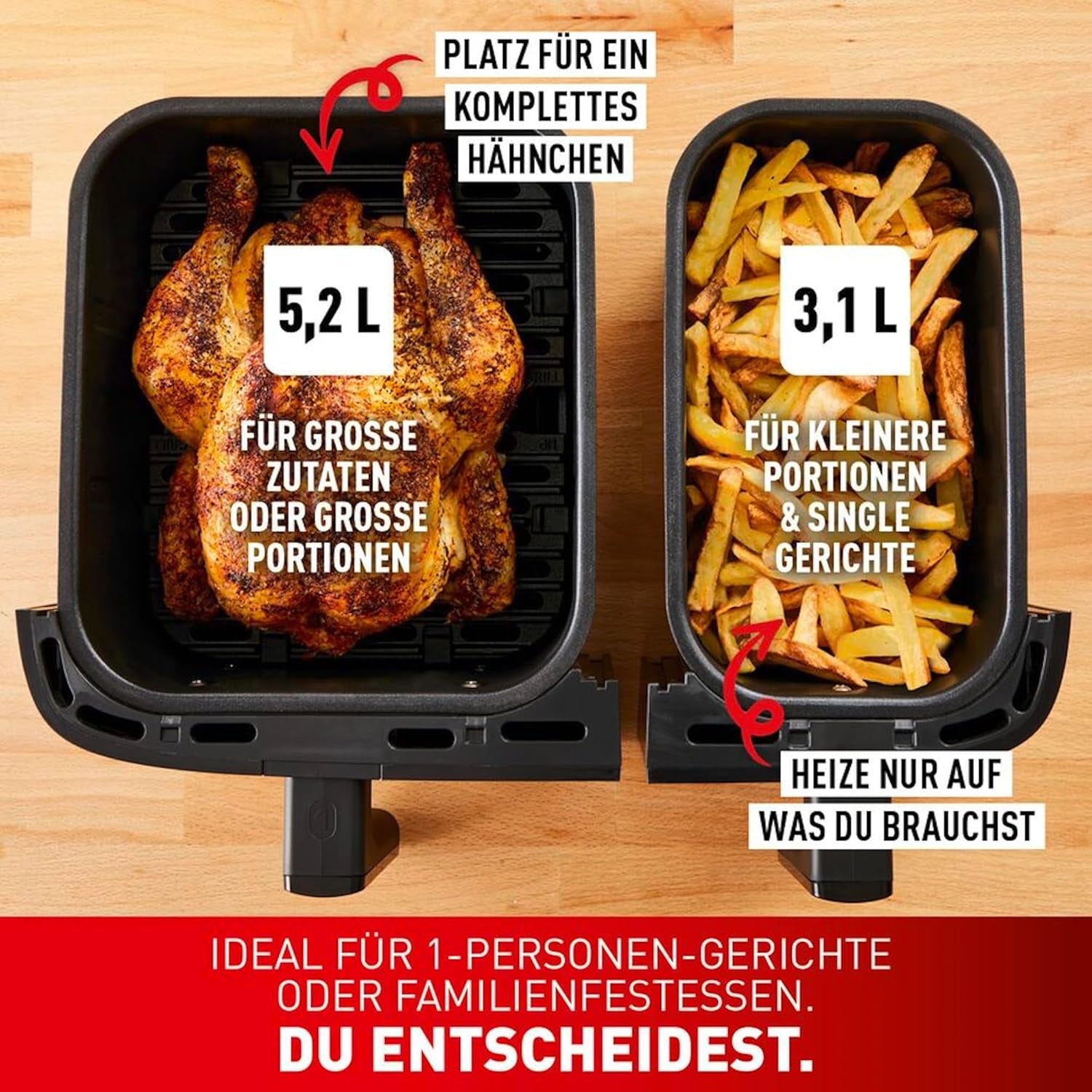 Tefal Dual Easy Fry Hot Air Fryer med to kamre, 5,2/3,1 liters kapacitet, to uafhængige skuffer, 7 programmer Hvidevarer Naty Shop