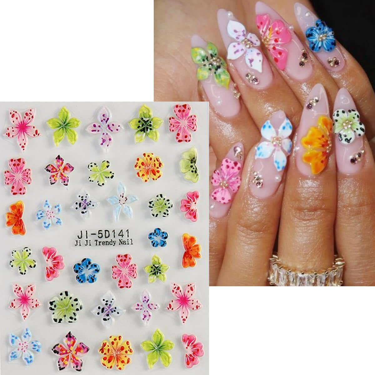 JMEOWIO 3D Nagelsticker Farverig Flower Nail Art Sticker Selbstklebend Nagelaufkleber 5D Stereoskopisk Forår Sommer Blomsterdekoration Nageldesign Tilbehør 4 Blatt