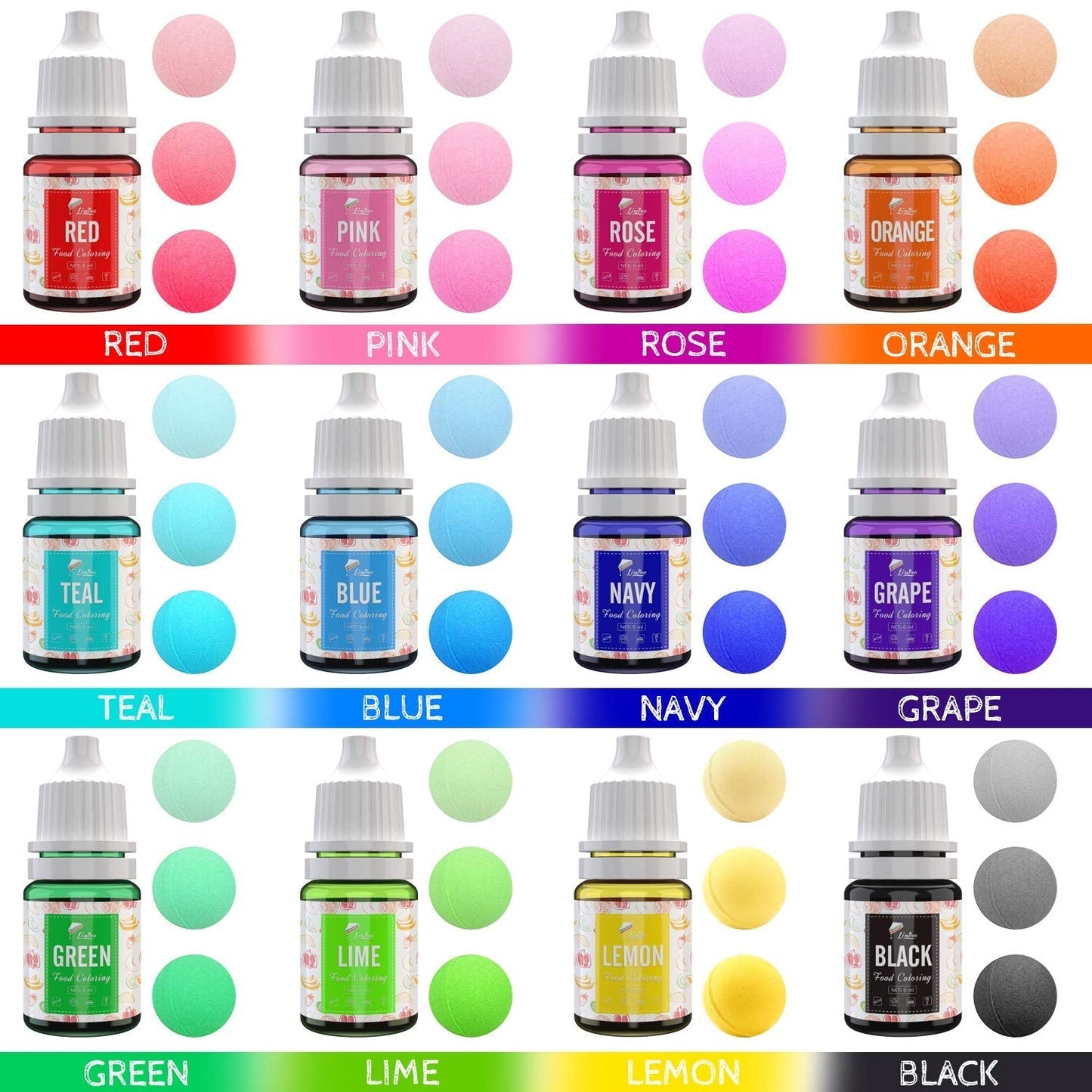 12 farver madfarve - flydende madfarve til bagning af kager, småkager, makroner, fondant - levende madfarve til dekoration og madlavning, airbrushing, gør-det-selv-sæber - 6 ml hver