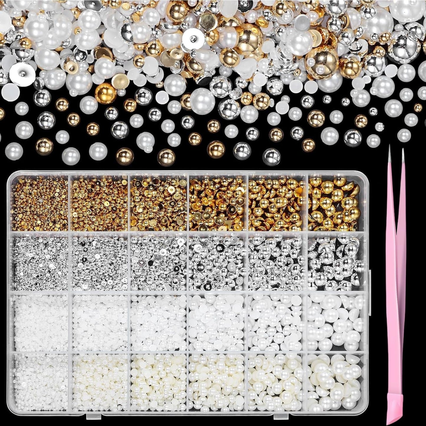 GZMAYUEN 920 stk Guld Sølv Flatback Perlen Für Nägel, Halbrunde Weiße Beige Nail Perlen, Kleine Halbrunde Flatback Perlen Für DIY Nail Art Decor