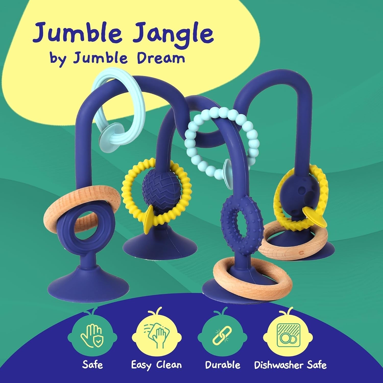 JUMBLE JANGLE Børnebørring: Børnebarnelegetøj 3-24 måneder | Sæt med 7 BPA Free Chew Legetøj | Kølende silikone bidering | Småbørnslegetøj med sugekop til højstol, bord og badekar