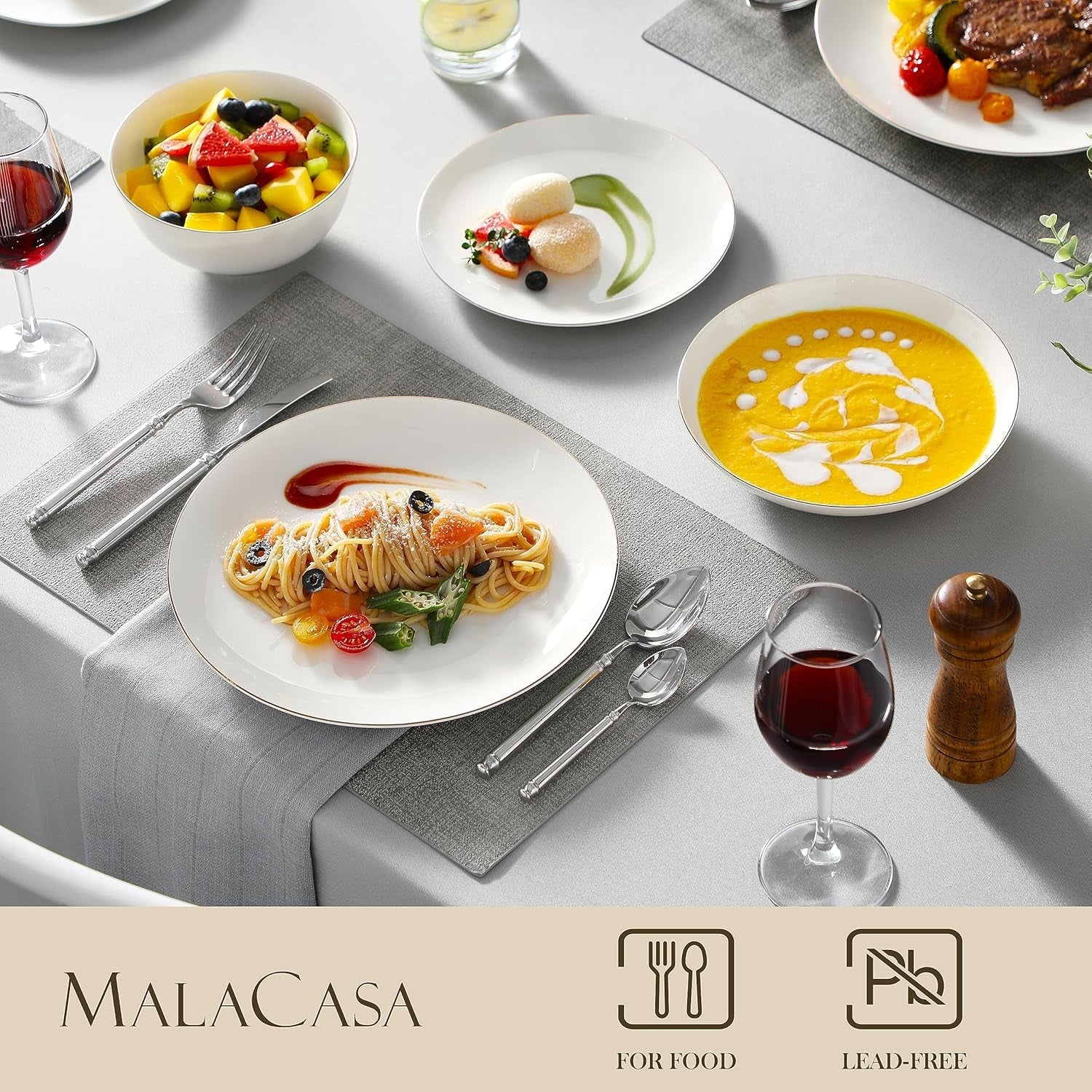 MALACASA 4-personers porcelænssæt Bone China 16-delt porcelænssæt rund hvid med guldkant Kombinationssæt med 4 middagstallerkener 4 desserttallerkener 4 Suma-tallerkener og 4 kornskåle NORI-serien