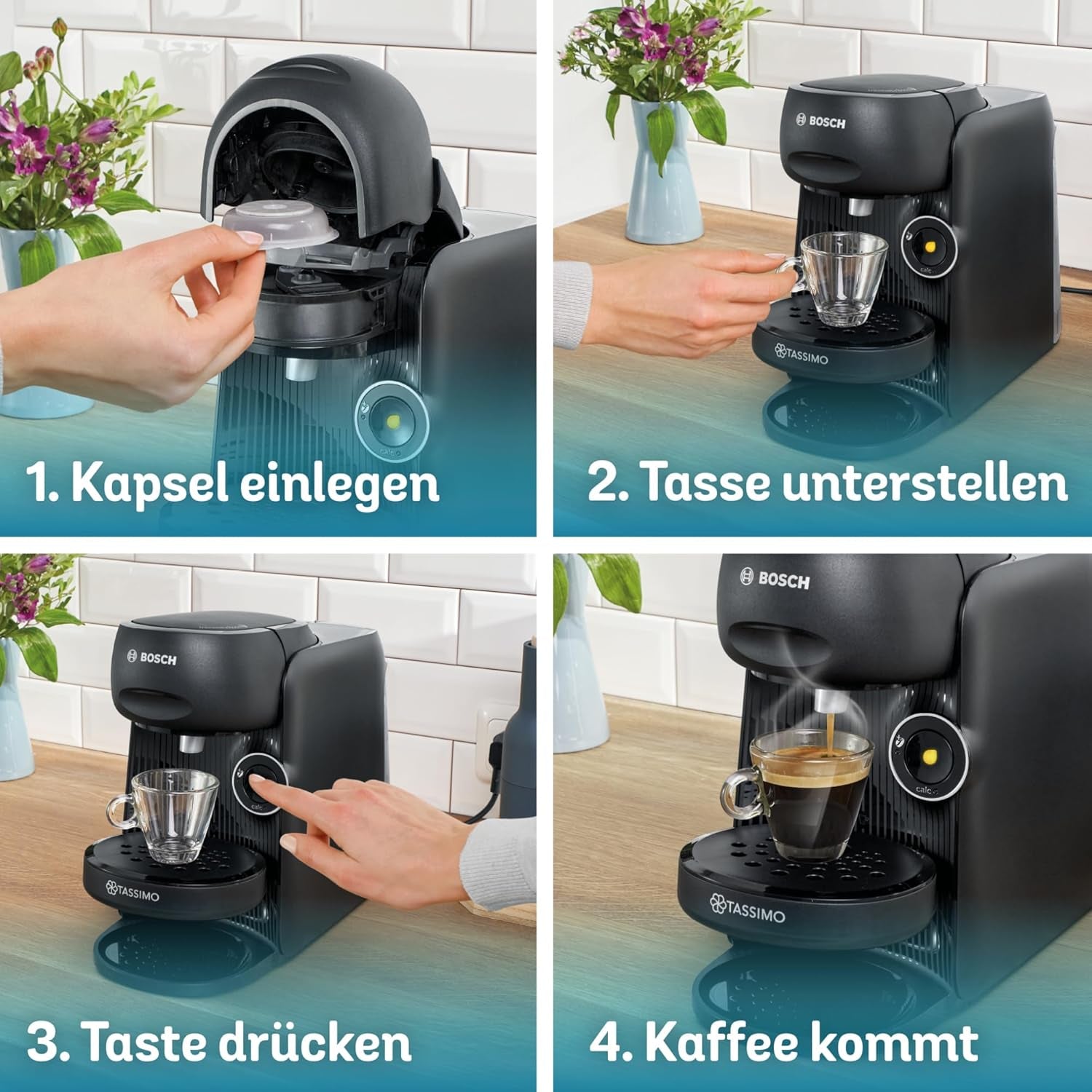 Bosch Tassimo finesse TAS162E kapsel espressomaskine, 70 drinks, mere intens kaffe med et tryk på en knap, automatisk sluk, bæredygtig, perfekt dosering, 1400 W, sort/sort