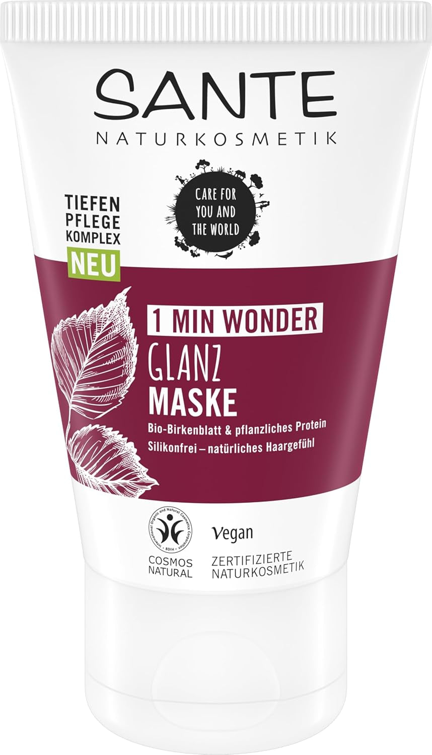 SANTE Naturkosmetik Glossy Shine Mask økologisk birkebladsekstrakt + 3x proteinkompleks, silikonefri og fugtgivende hårmaske, vegansk hårpleje for mere glans og smidighed, 150 ml Hårmaske Naty Shop Vechi