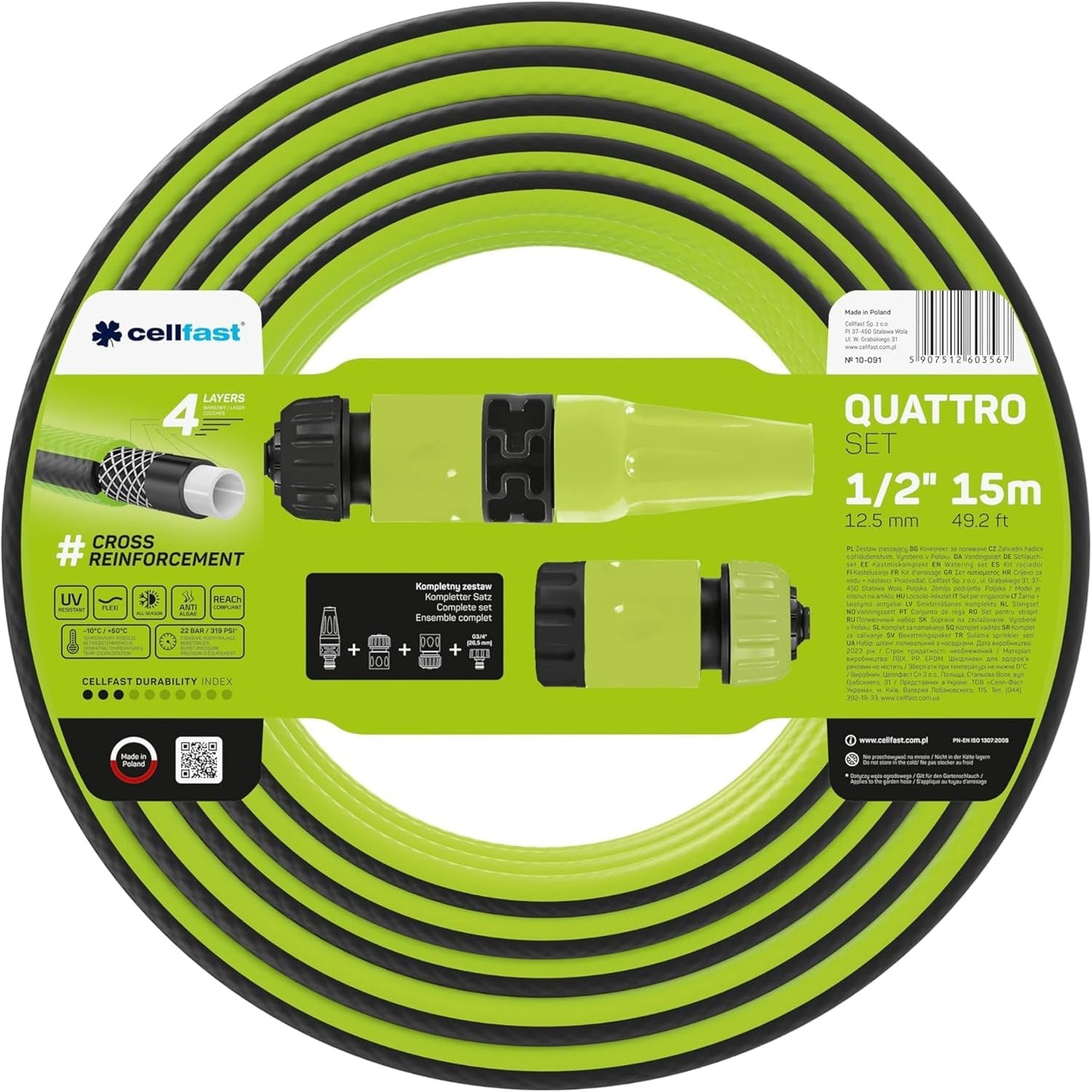 Cellfast QUATTRO Haveslange Holdbar Letvægts 4-lags UV-resistent trådslange Krydsfletning 20 Bar 3/4" 15m 10-074