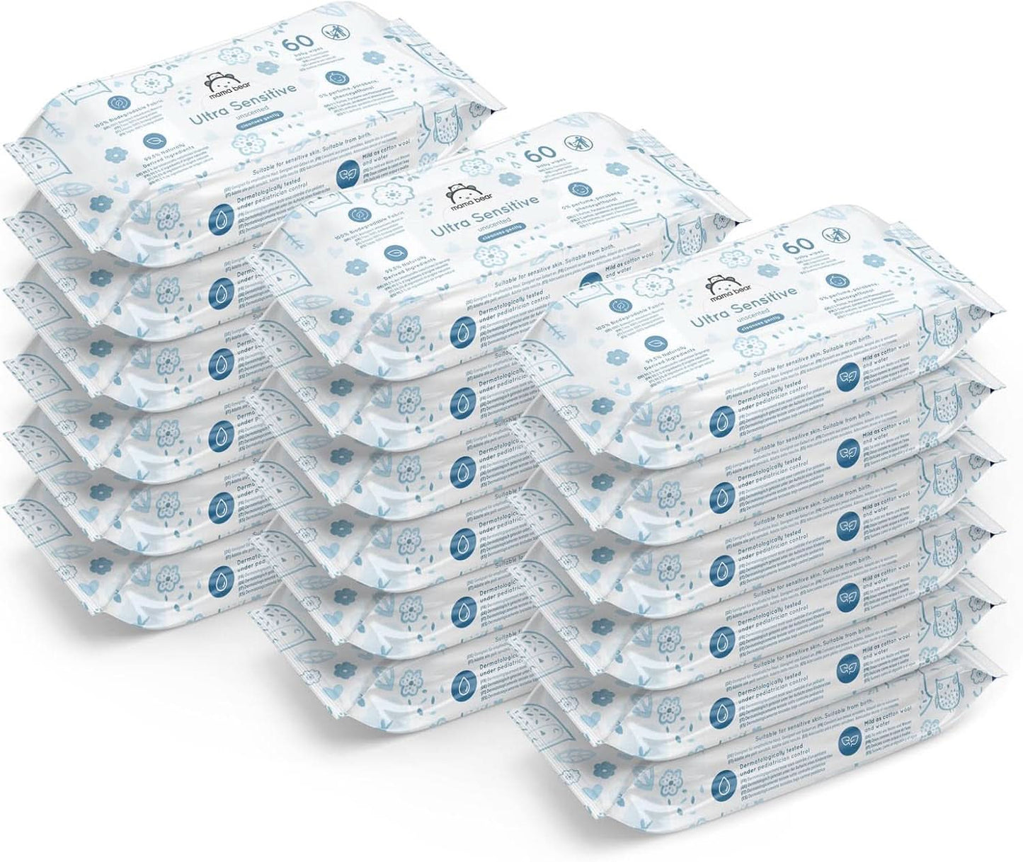 Mama Bear Ultra Sensitive Baby Wipes Duftfri 1008 Antal (18 pakker af 60) Naty Shop