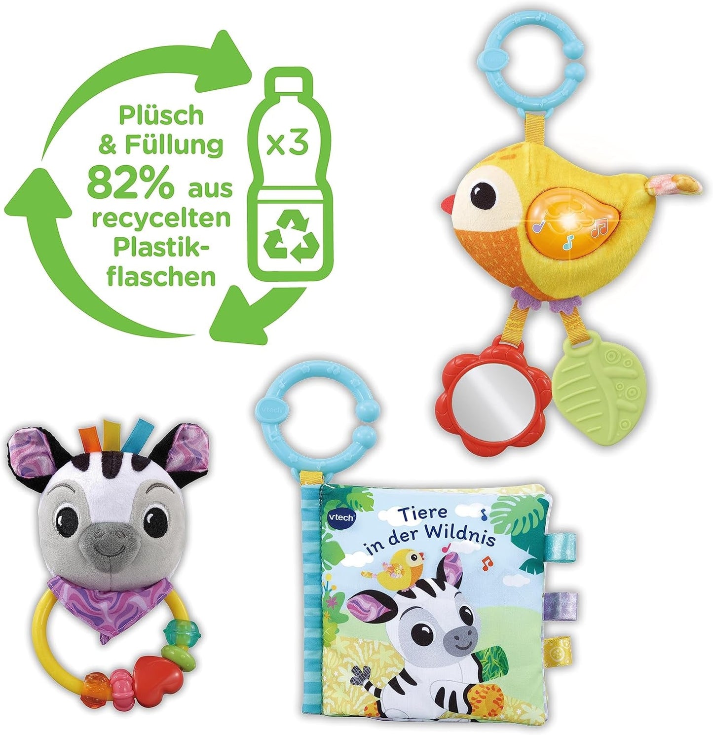 VTech Baby - Baby's Animal Friends Gavesæt - Legetøjssæt med stofbog, syngende fugl og zebrarangle - I 0-24 måneder Babylegetøj Naty Shop