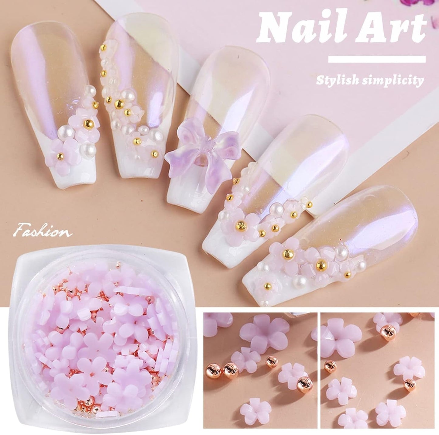 6 Box 3D Flower Nagelkunst Charms, Acryl Flower Nagel Strass Mit Gold Und Silberperlen Ornamenten, Nagel Edelsteine, Nagel Zubehör Für Mädchen, Frauen, DIY Nageldesign, Basteldekoration...