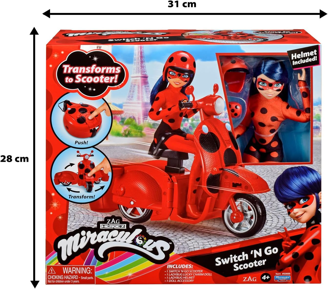 Bandai - Miraculous Ladybug - Miraculous Switch'n Go Scooter + 26 cm Ladybug Lucky Charm Artikuleret Dukke - P50668