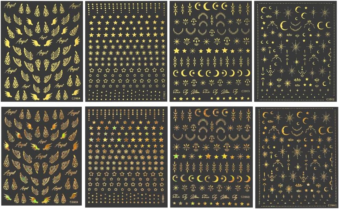 8 ark Guld Måne og Stjerner Nail Art Stickers Englevinger Tan Guld Nail Stickers Stjerner Negle Foils Selvklæbende negle Stickers Negle Design Tilbehør Negle Stickers