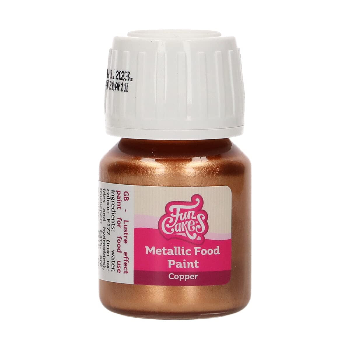 Funcakes Metallic Food Paint, Copper Color: Skab metalliske effekter på fondant, marcipan, royal icing og småkager. 100% spiselig madfarve, Halal, velegnet til vegetarer og veganere. 30 ml.