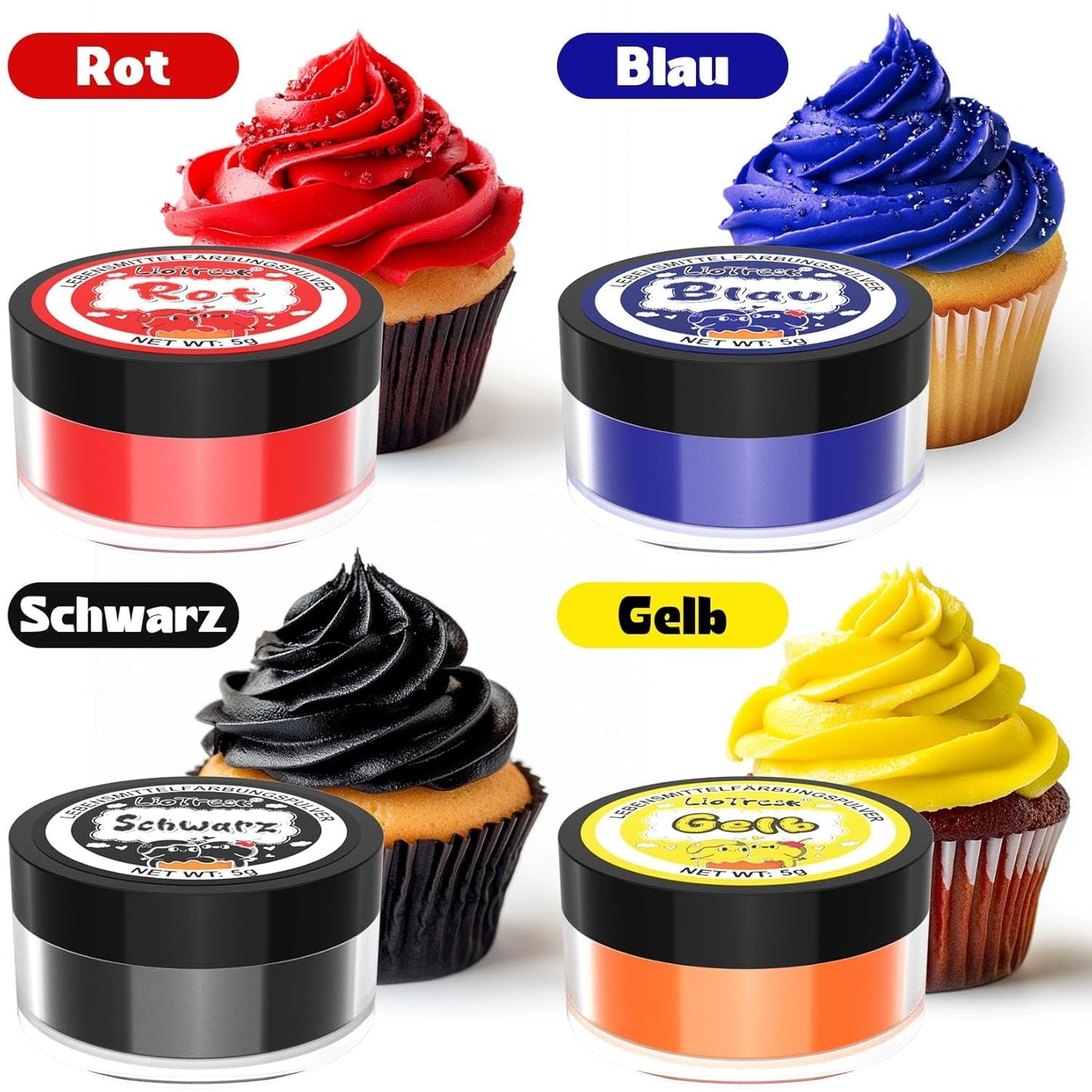 Pulverfarvesæt til madlavning - 4x5 g koncentreret madfarve til fondant, smørcreme, livlig madfarve til bagning, kagepynt, farvning af påskeæg, macarons, All Hallows' Day