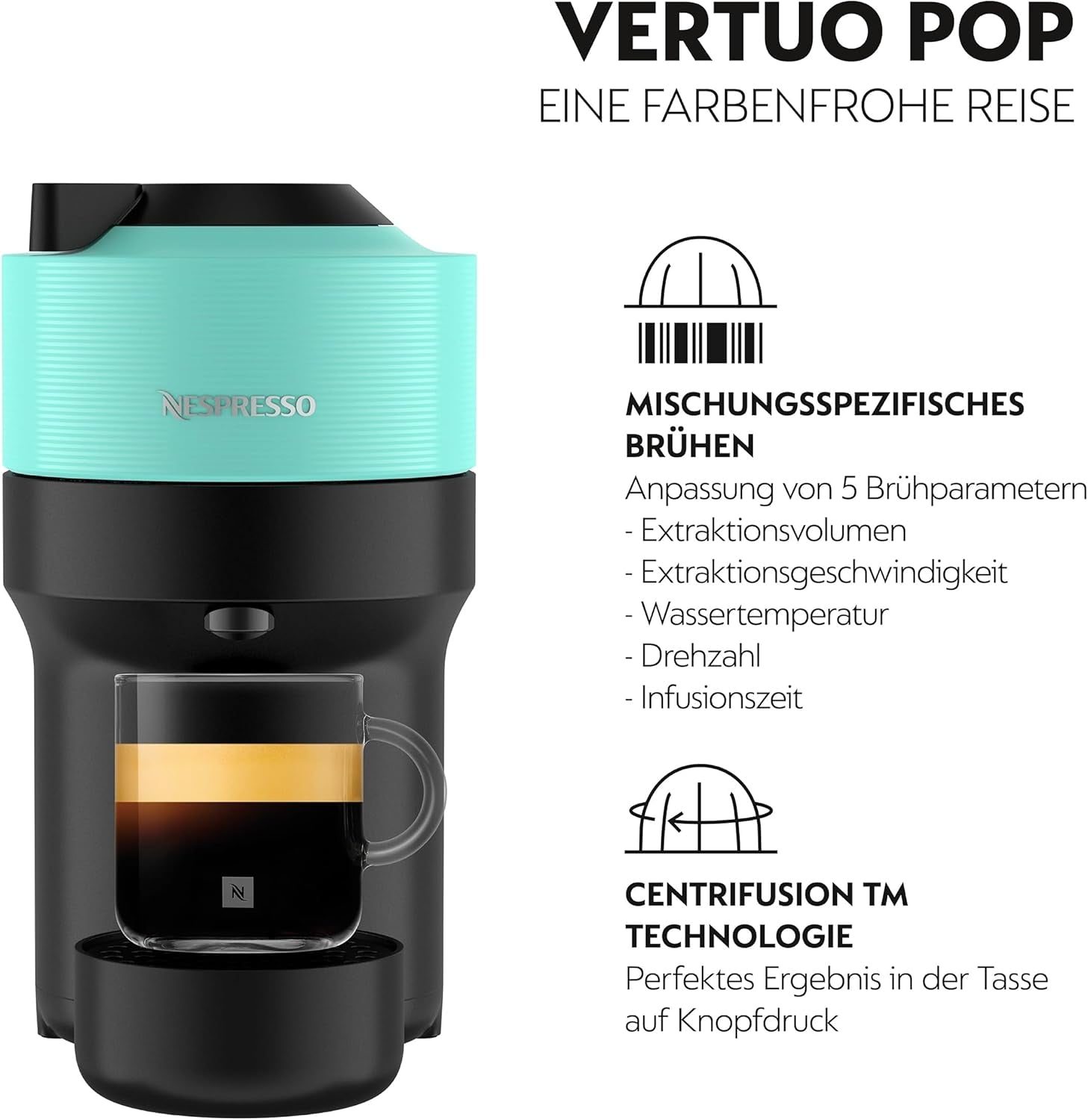 Espressomaskine med Nespresso Krups Vertuo Pop-kapsler, kapacitet: 560 ml, automatisk kapselgenkendelse, one-touch system, 4 kopstørrelser, forkortet opvarmningstid, bæredygtig, Aqua Mint, XN9204