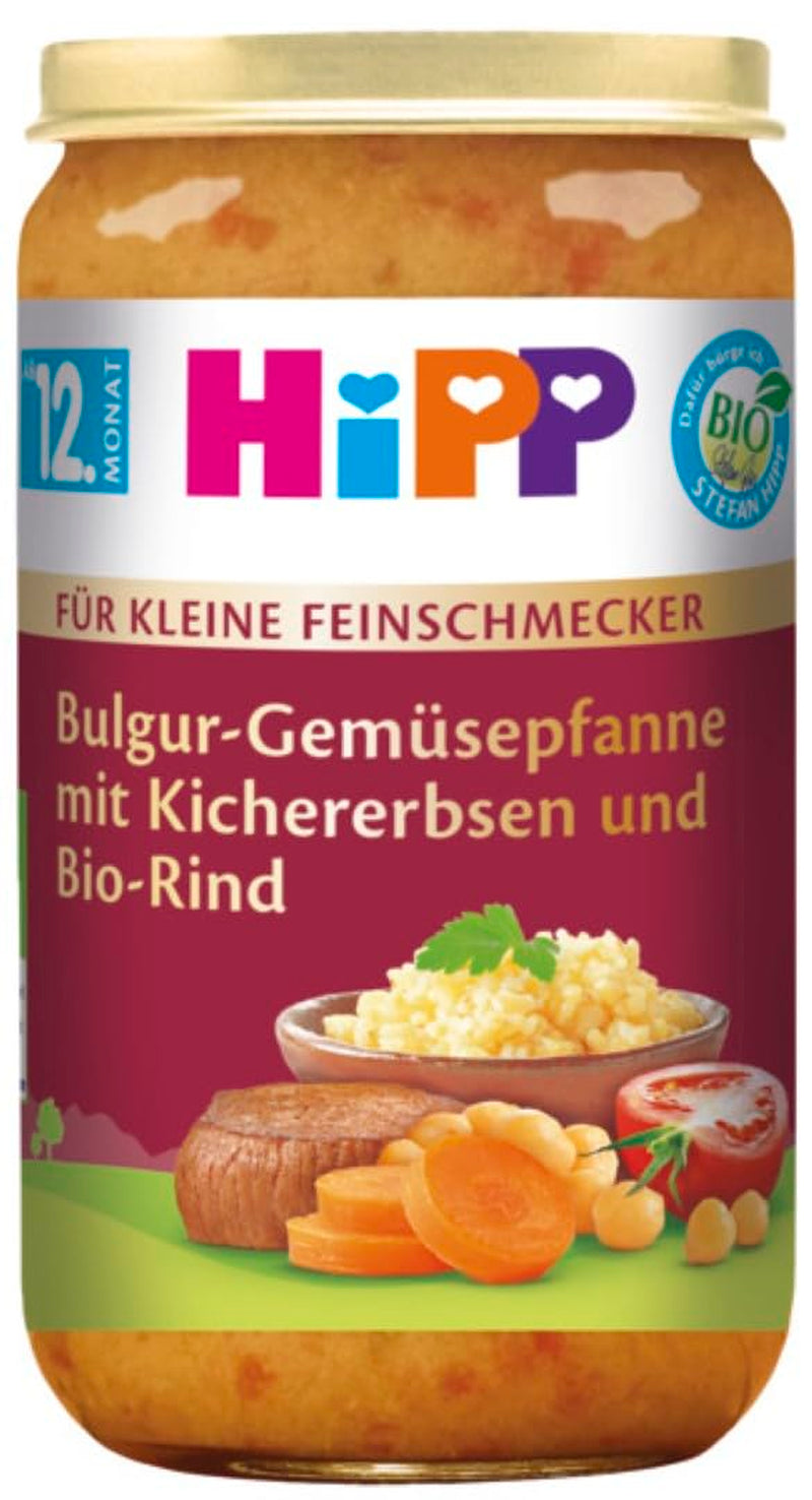 HiPP for små gourmeter Bulgur med grøntsager omrørt med kikærter og økologisk oksekød (6 x 250 g), fra 12 måneder, med Omega-3, af bedste økologiske kvalitet