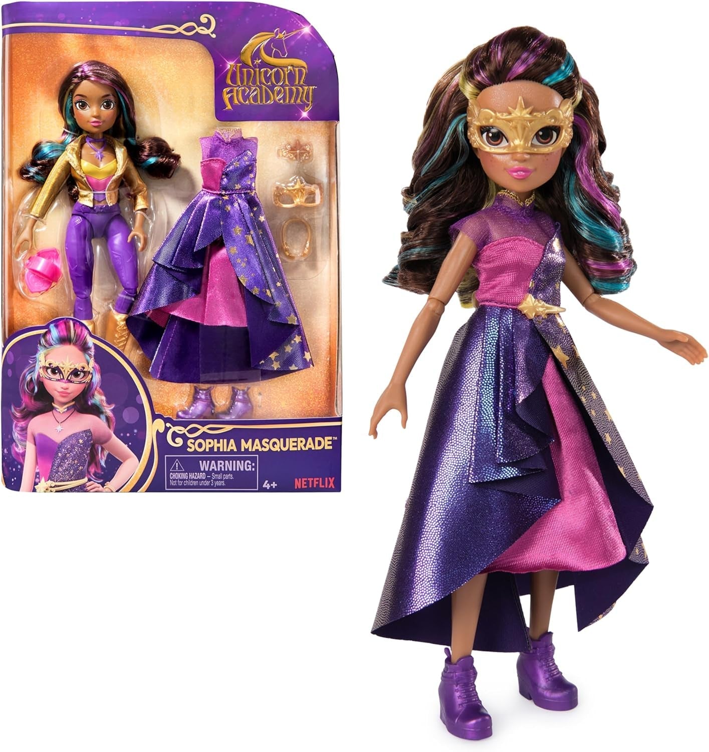 Unicorn Academy Deluxe Masquerade Ball - Sophia Original Doll fra den populære Netflix-serie, 24 cm høj, med 2 outfits og tilbehør, fra 4 år og opefter