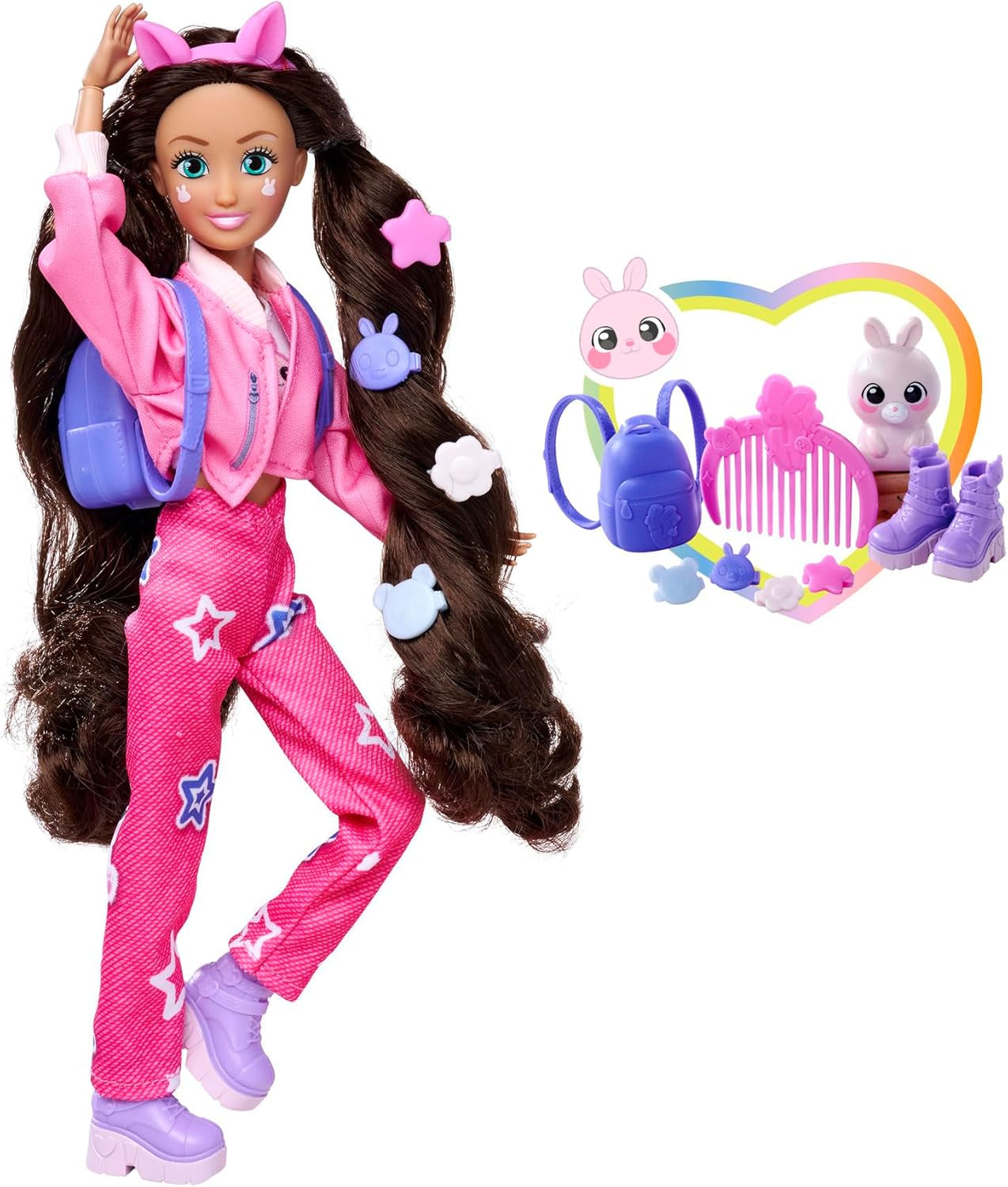 Simba 105953975 - Kawaii Hi Dress-Up Lucy Doll (26 cm) - Artikuleret frisørmodedukke, langhåret kanindukke og tilbehørslegetøj fra 4 år og opefter
