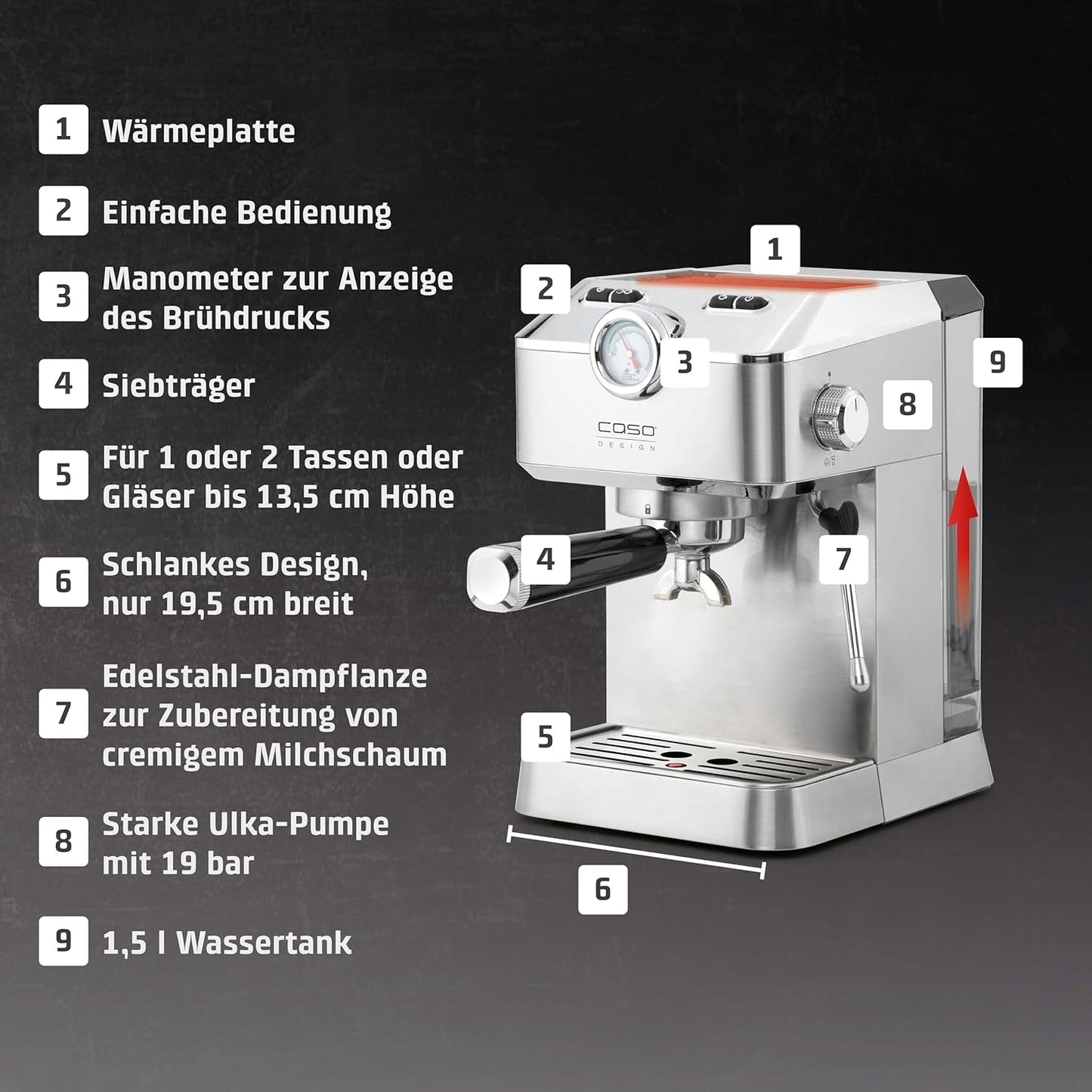 Caso Espresso Gourmet - Portafilter espressomaskine i rustfrit stål, kraftfuld 19 bar Ulka-pumpe, med mælkeskummer, til malet kaffe eller ESE-kaffekapsler, til 2 kopper, med kopvarmer