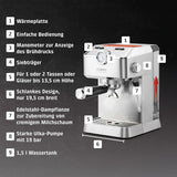 Caso Espresso Gourmet - Portafilter espressomaskine i rustfrit stål, kraftfuld 19 bar Ulka-pumpe, med mælkeskummer, til malet kaffe eller ESE-kaffekapsler, til 2 kopper, med kopvarmer