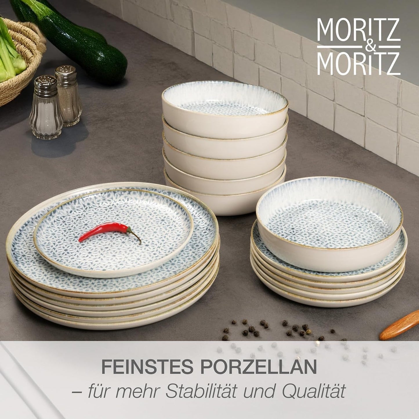 Moritz & Moritz ALHAMBRA Spisesæt til 6, 18 stykker, porcelæn af høj kvalitet - Moderne blåt porcelæn - Nemt at vedligeholde sæt med 6 middagstallerkener, 6 desserttallerkener og 6 skåle