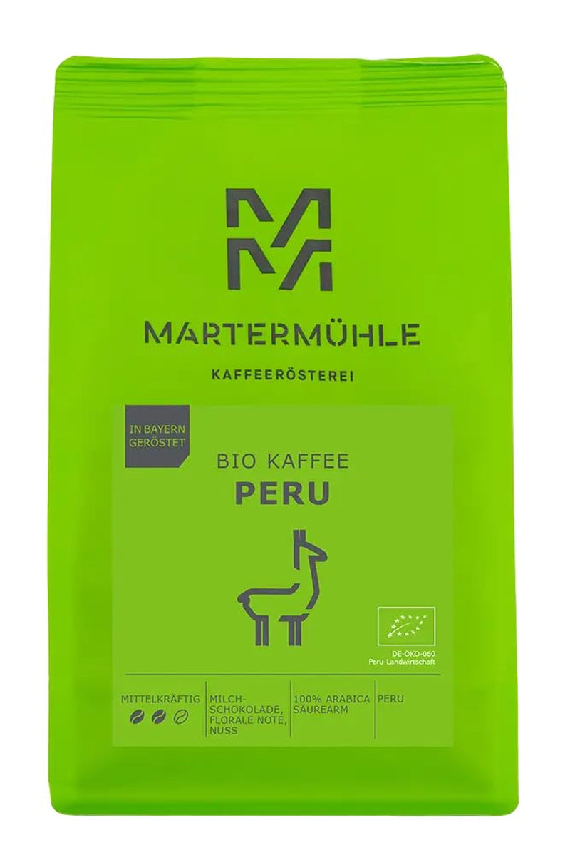 Martermühle Peru Bio Kaffeebohnen 1 kg mittelkräftig I Arabica I Aroma: Mælkechokolade, blomsternoter, nødder I Ganze Bio Kaffee-Bohnen schonend geröstet, säurearm