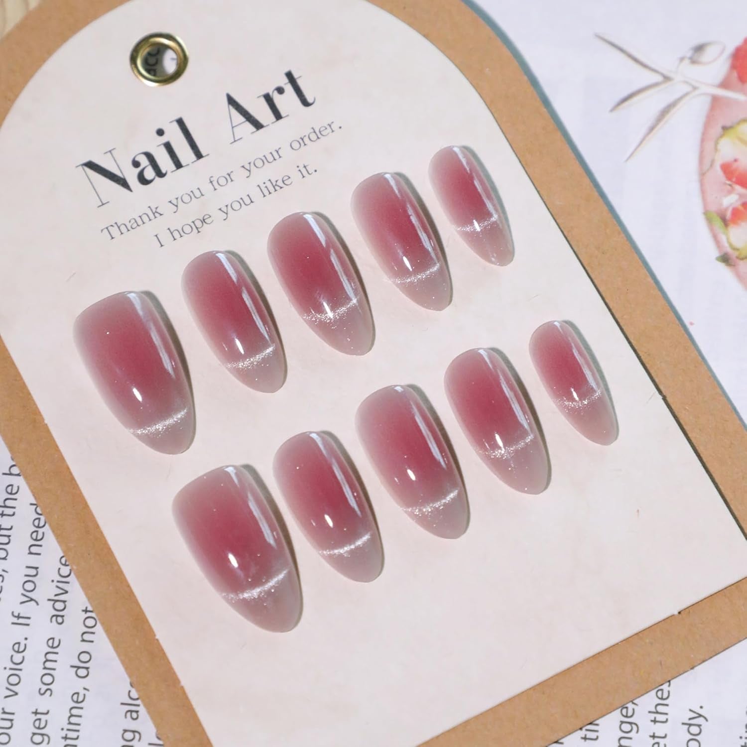 Moonglow korte magnetiske falske negle, pink mandelrød gradient glitter katteøje med lim, pink rød ombre glitter fototerapi kunstige negle til kvinder og piger