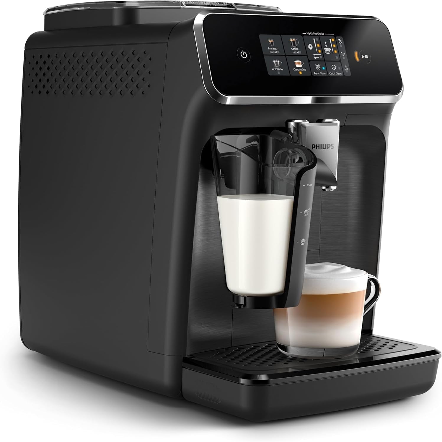 PHILIPS automatisk espressomaskine 2300-serien - 4 drinks, moderne farvetouchskærm, LatteGo mælketilberedningssystem, SilentBrew, 100% keramisk kværn, AquaClean-filter. Mat sort (EP2330/10)