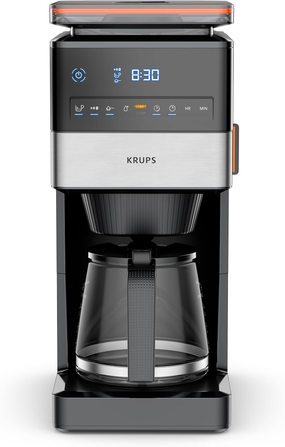 KRUPS Grind Aroma XL Espressomaskine, Aftagelig konisk kværn, Digital Kontrolpanel, XL Kapacitet (1,5 L), Hold varm funktion, Glaskaraffel, Sort/rustfrit stål, KM842810