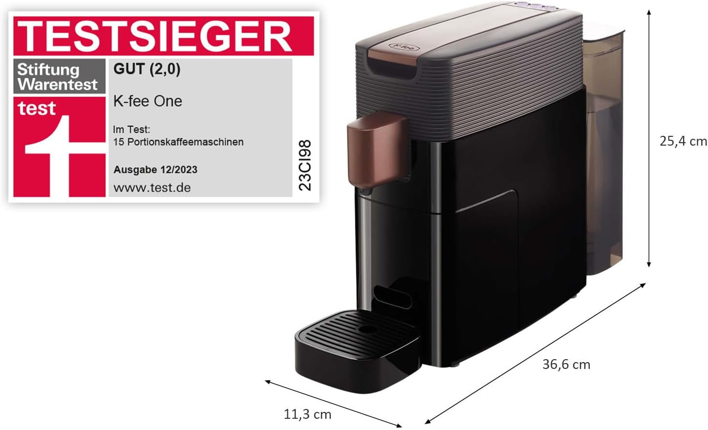 Espressomaskine med K-FEE ONE kapsler til kaffe, te og kakao | Kompakt espresso | Hurtig opvarmning | 0,8 l vandtank | 19 takter | Sort kobber | Stiftung Warentest 2023 testvinder