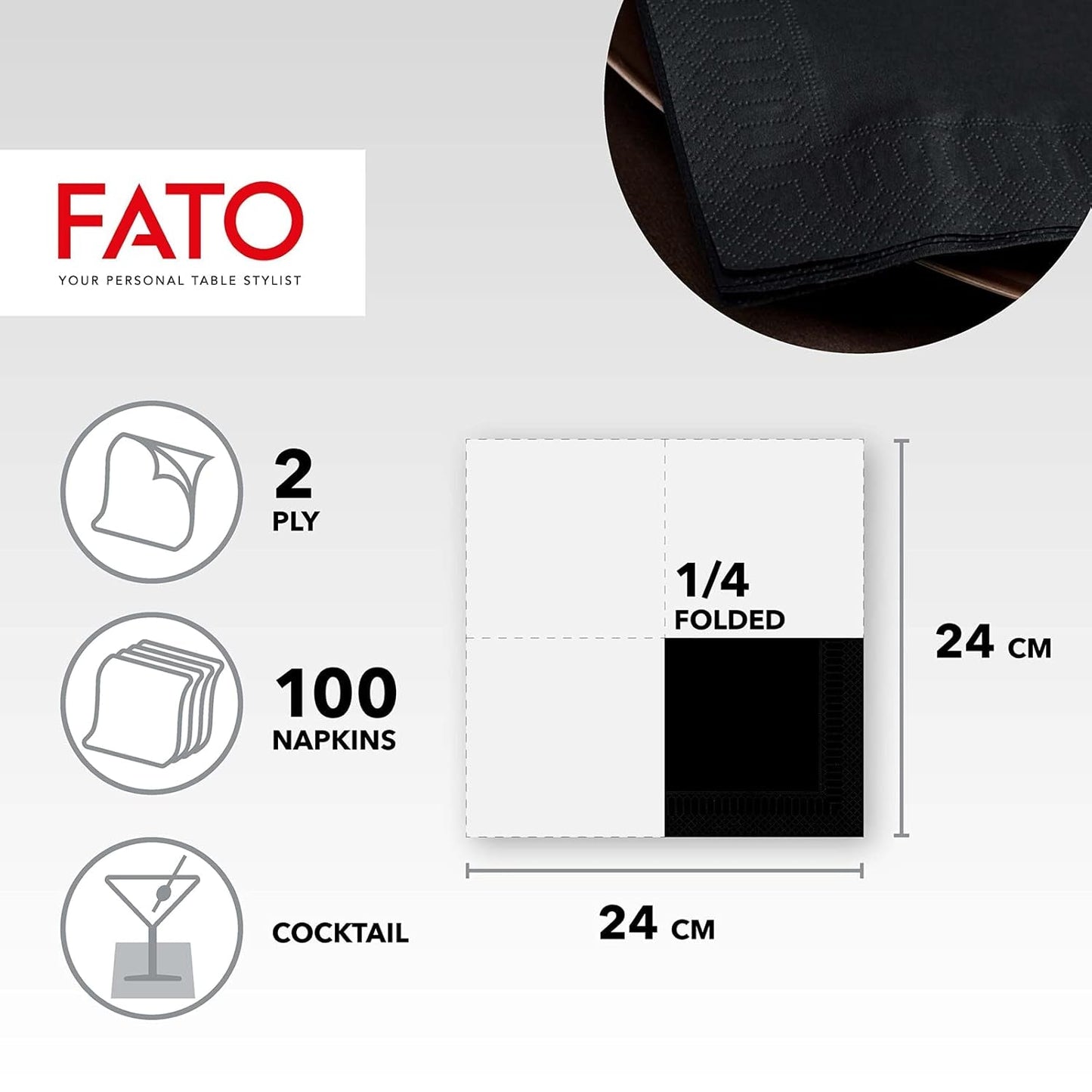 - Engangspapirservietter, ideelle til forretter og cocktails, pakke med 100 servietter, størrelse 24X24, 4-fold, 2-lags, sort farve, 100% rent cellulosepapir, Fsc-certificeret