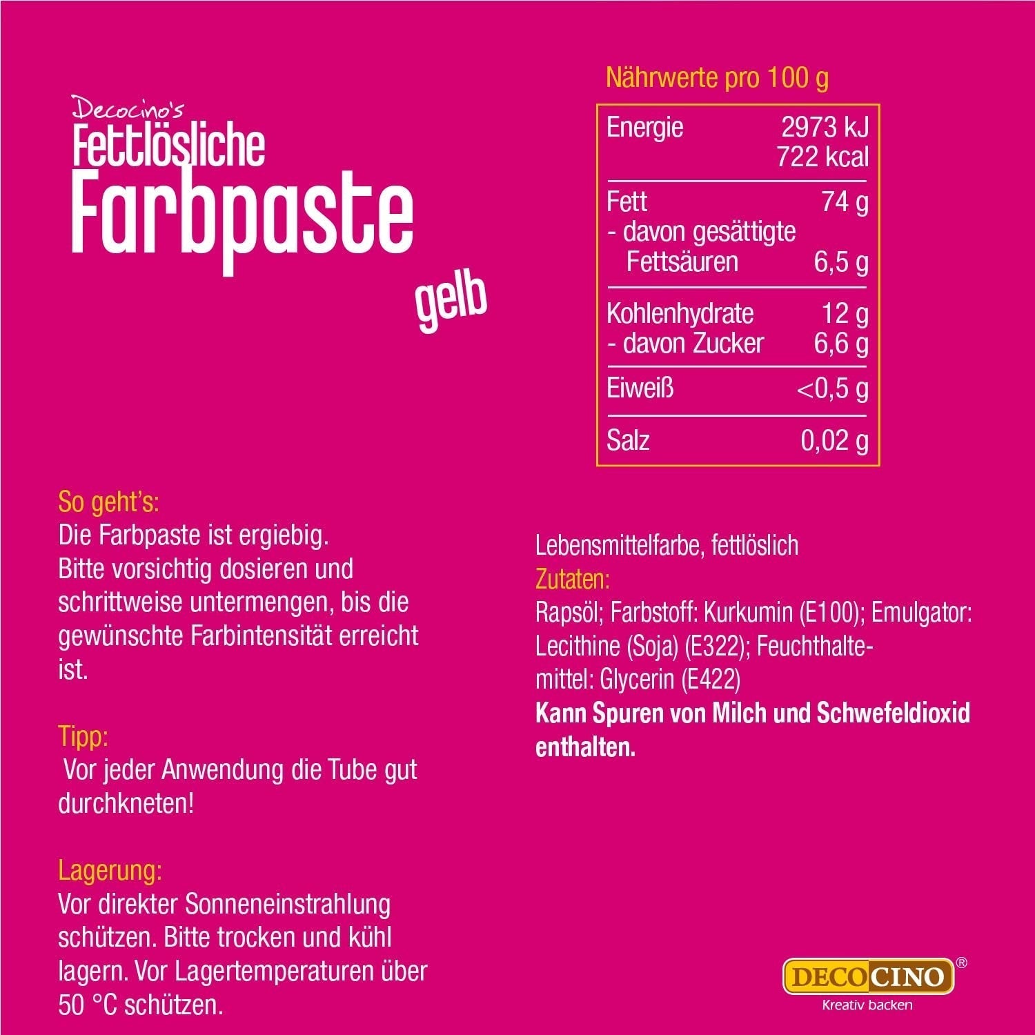 DECOCINO Gul fedtopløselig farvepasta - 15 g - Oliebaseret madfarve, ideel til farvning af chokolade, smørcreme, fondant eller småkagedej