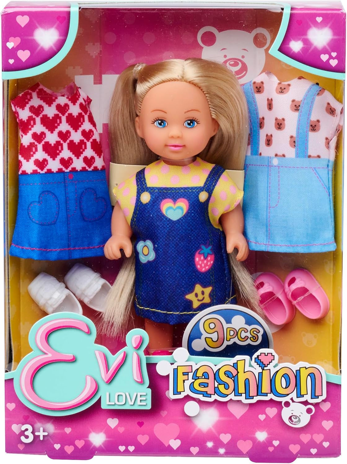 Simba Evi Love Fashion Doll iført en sød denimkjole, inklusive to andre outfits med yndige prints og sneakers, 12 cm, 3+