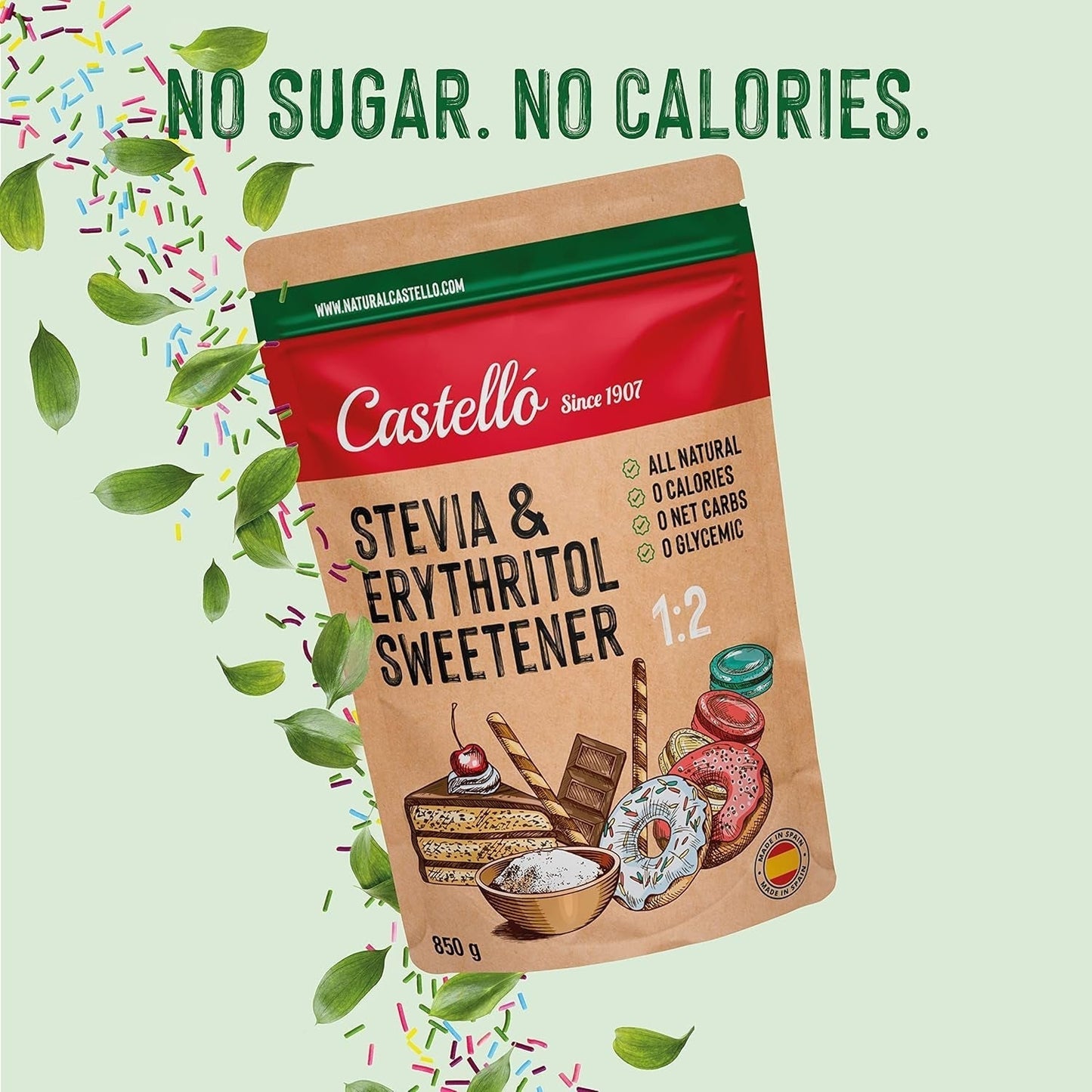 Stevia + Erythritol 1:2 Süßstoff | 1G = 2G Zucker | 100% Natürlicher Zuckerersatz - 0 Kalorien - 0 Glykämischer Index - Keto Und Paleo - 0 Netto-Kohlenhydrat - Kein GVO - Castello siden 1907 - 850 G Sødemidler Naty Shop