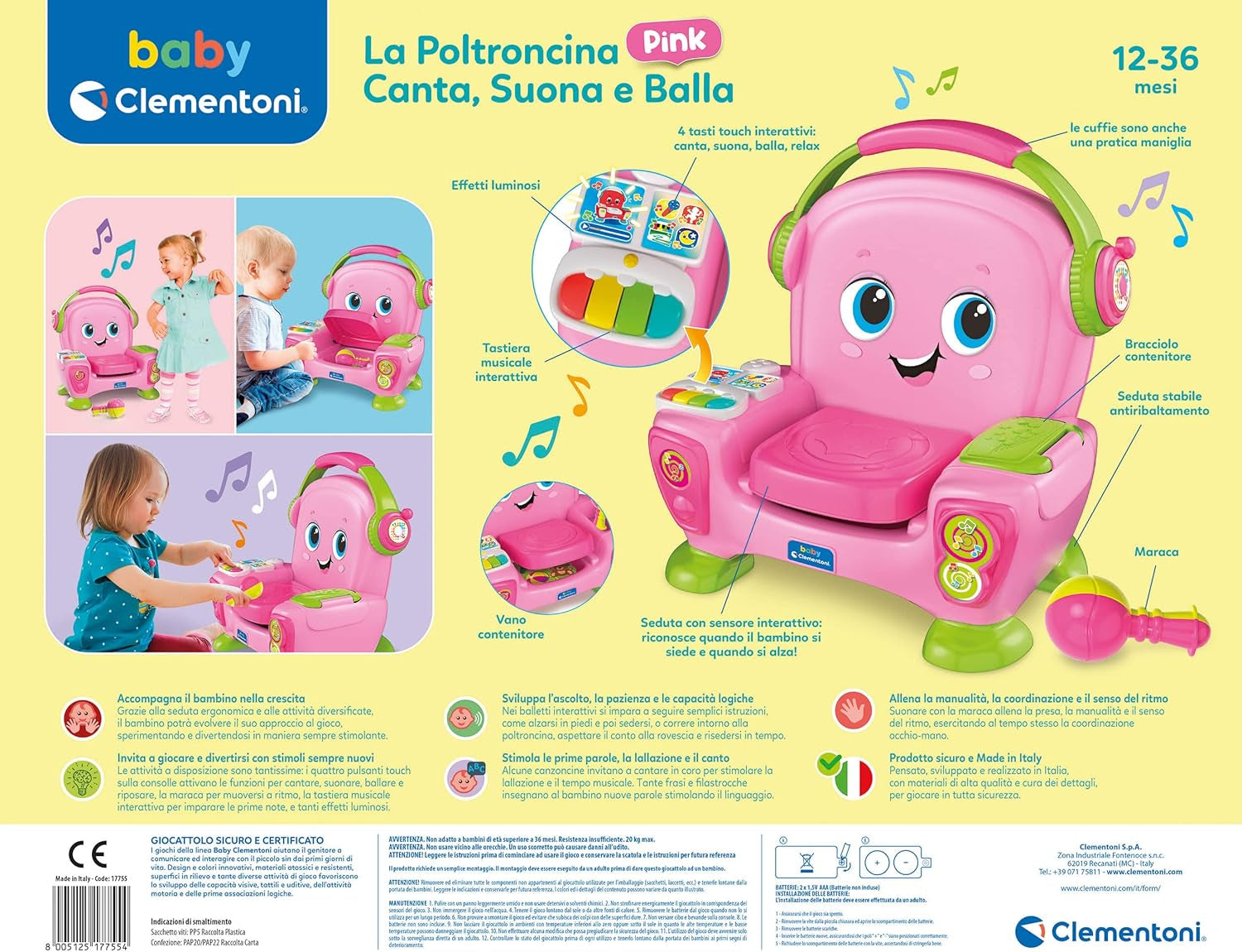 Clementoni 17755 Syngende lænestol med lyserød lyd og dans - interaktiv og multifunktionel lænestol til børn på italiensk, legetøj 1 år - Made in Italy, flerfarvet Toys Bebe Naty Shop