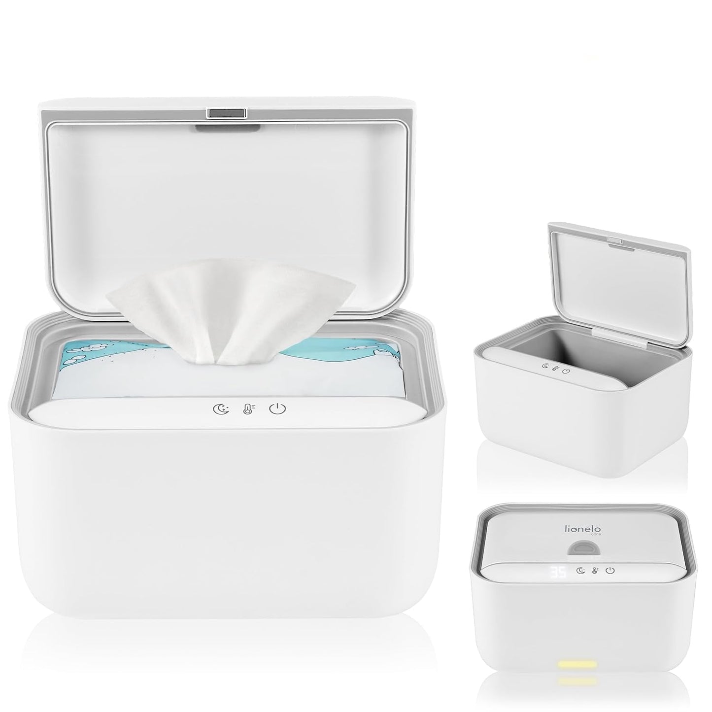 Lionelo BABYBLISS 20W Varmer til vådservietter og små håndklæder, 20W til babyer, indbygget natlys, 3 varmeindstillinger, touchpanel, holder servietterne fugtige