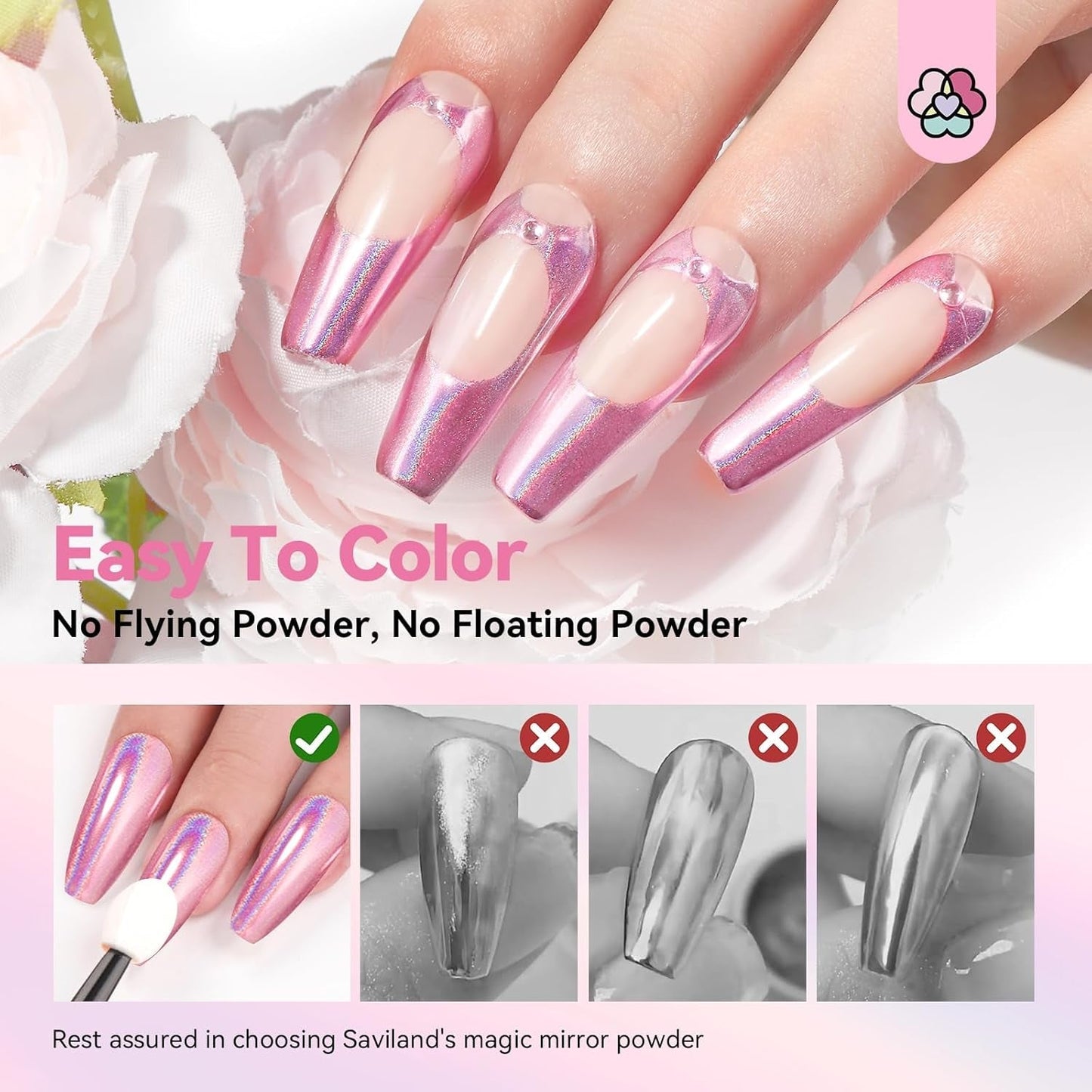 Saviland krom neglepulversæt - Pink Laser krom neglepulver spejleffekt Laser neglekunst, negleglimmer manicure dekorativt pulver med svampestænger, negleglitterpulver neglesalon