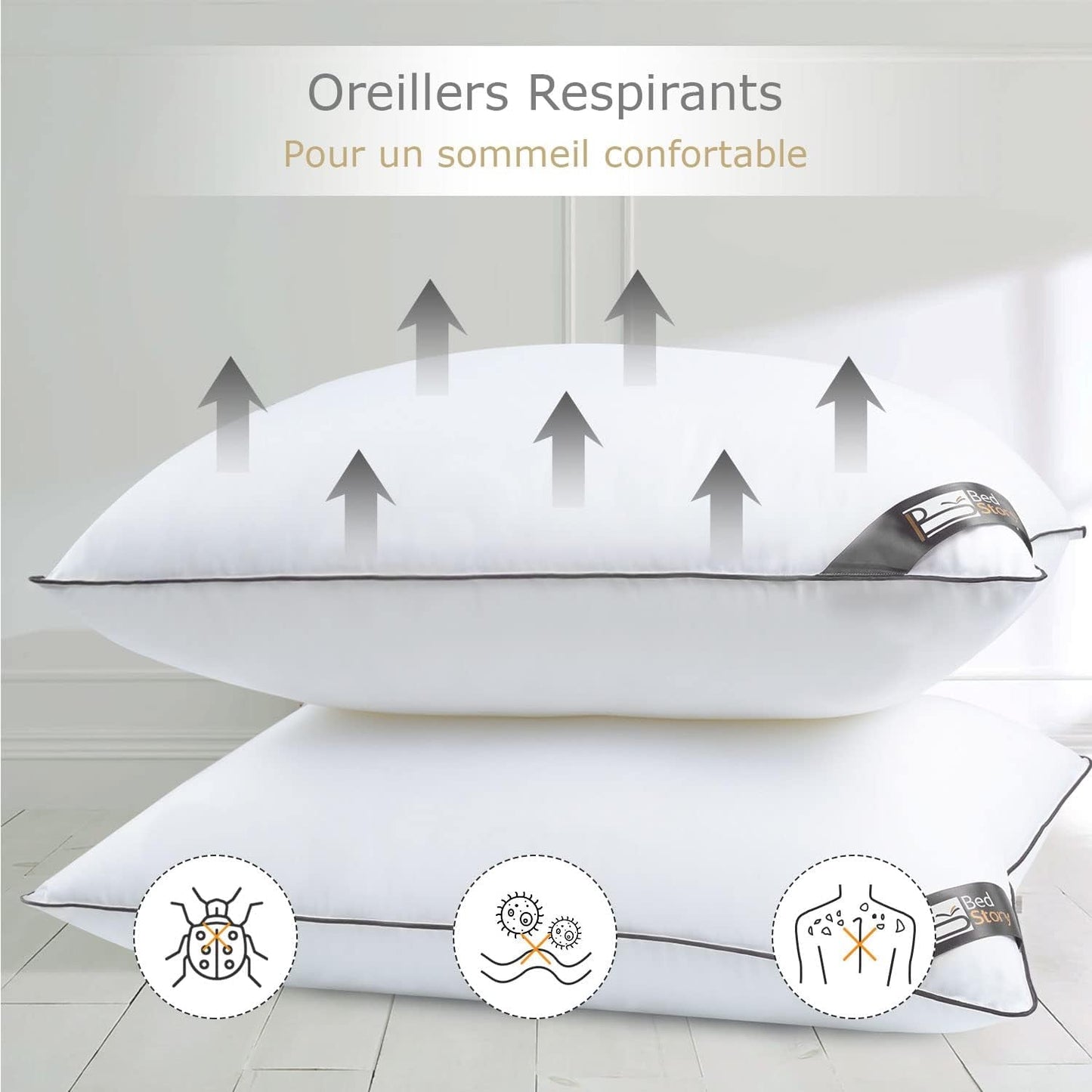 Bedstory pude, 50 x 70 cm, 2 stykker, bidebestandig, svedåndende, hypoallergen, fyld: 100 % polyesterfiber, ultrakomfort og blød komfort og fremragende støtte Naty Shop standardpuder