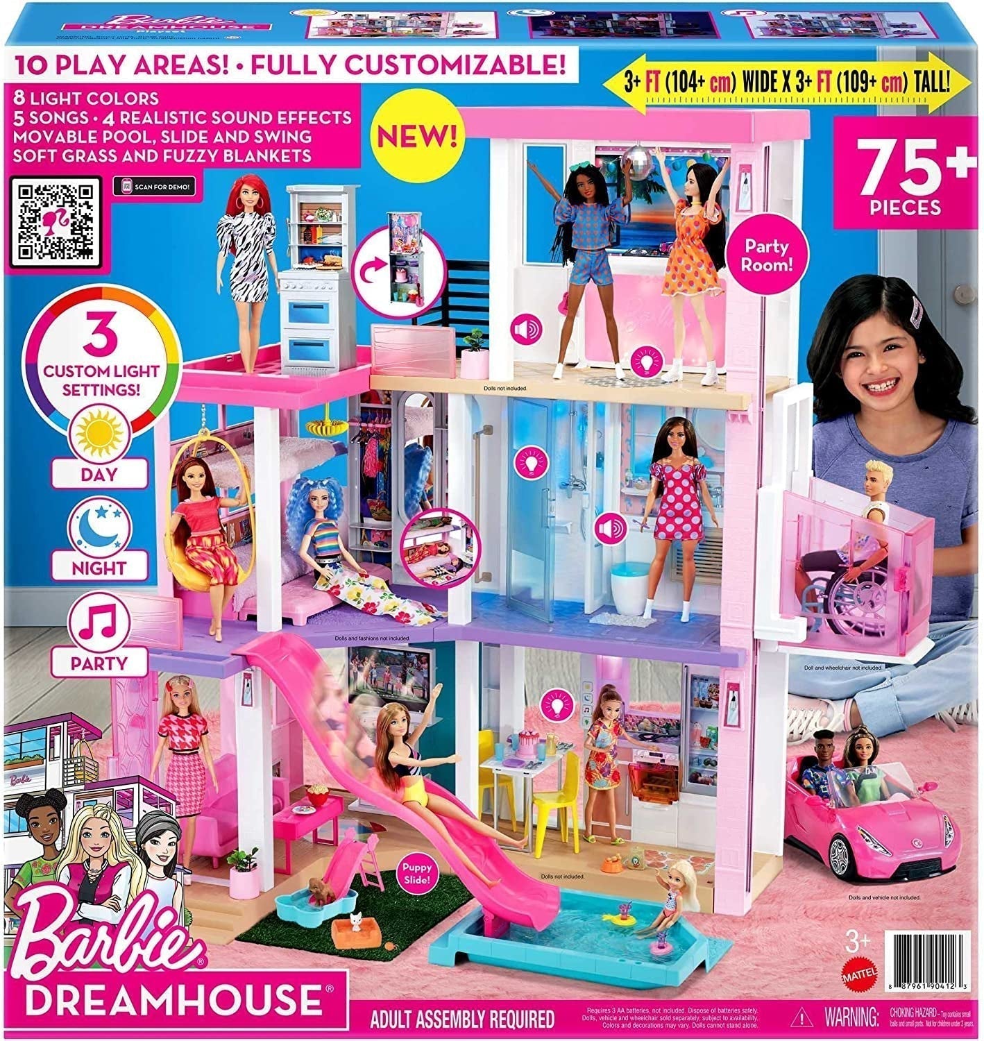 Barbie Dream House (114 cm), 3-etagers dukkehus, pool, rutsjebane, kørestolslift, 75 tilbehør, dukker, egnet som gave til børn fra 3 år og opefter, GRG93 Naty Shop dukkehuse
