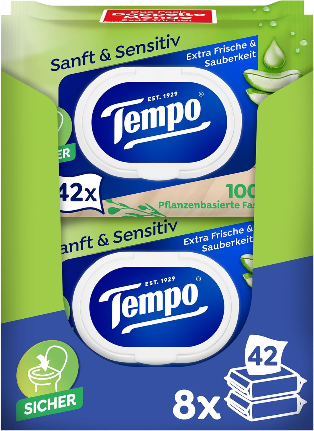 Tempo ''Gentle & Sensitive'' våde toiletservietter - Megapack - 16 pakker med 42 servietter hver - Duo Packs - Natural Aloe Vera - Hygiejnisk papir, dermatologisk testet, hudneutralt
