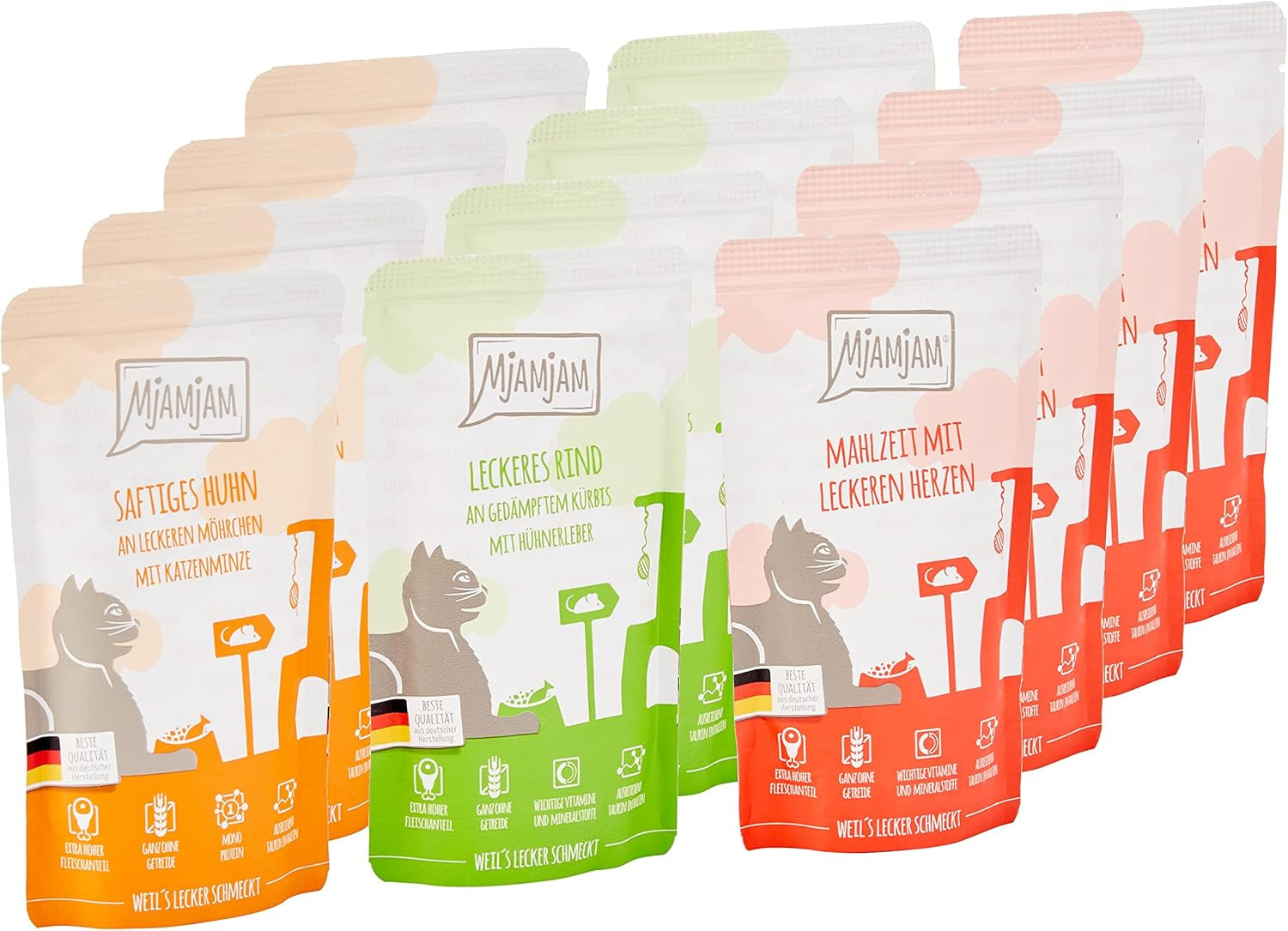 MjAMjAM - Premium våd kattefoder - Blandet pakke I - Kylling, oksekød, hjerter 12 pakke (12 x 125 g), kornfri med ekstra kød