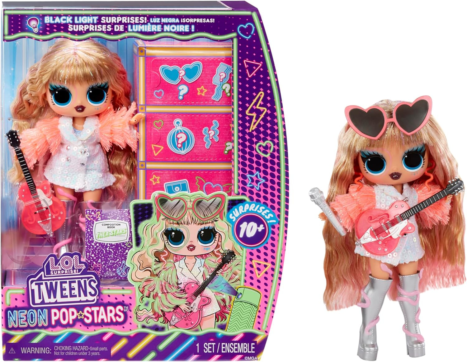 LOL overraskelse! Tweens Neon Pop Stars - Thea Stars - 1 modedukke med baggrundsbelyste overraskelser og over 10 Pop Star-tøj og tilbehør, inklusive hendes hot pink guitar, gave til børn fra 4 år og opefter