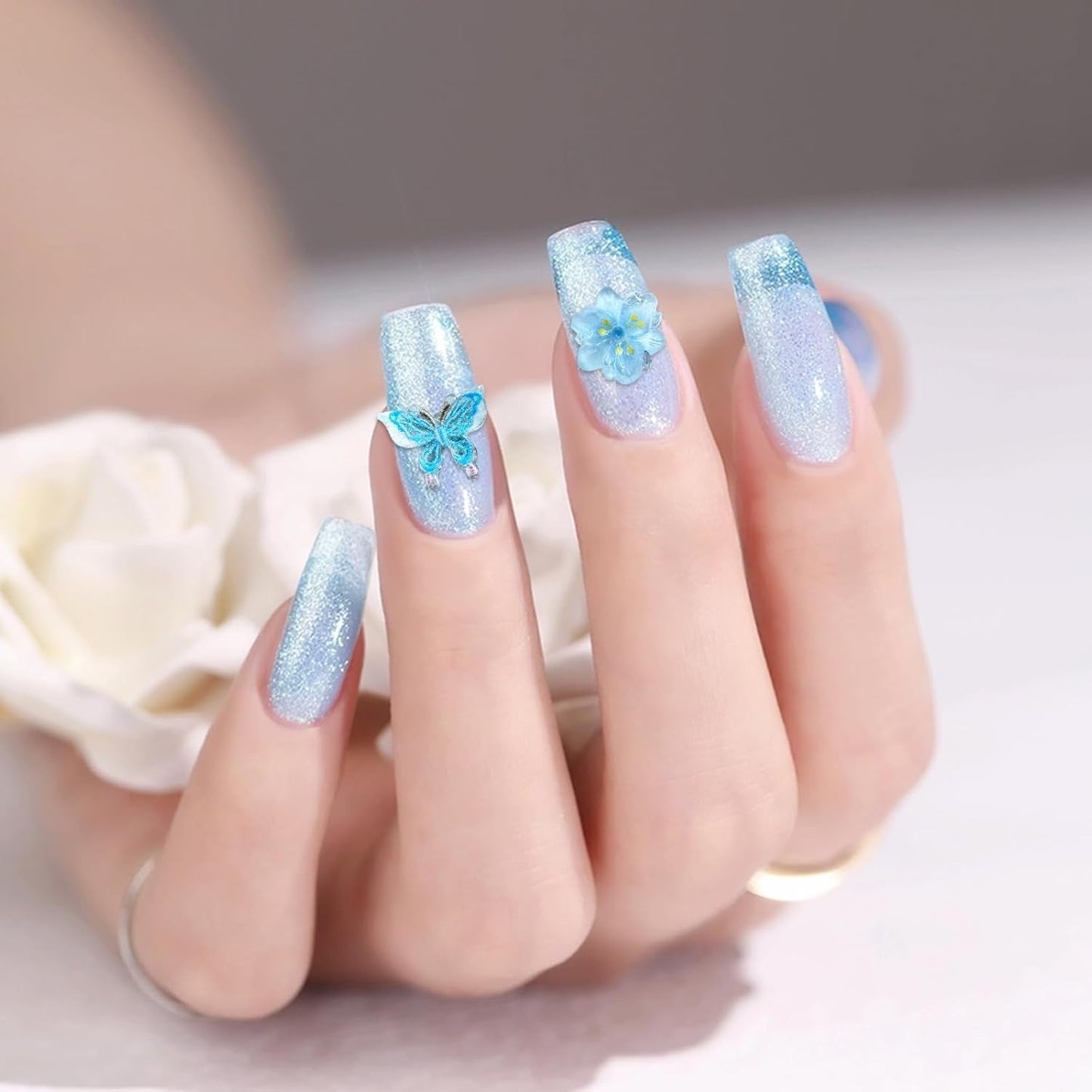 YICH Nail Charms Nägel Charms 50 Stk 3D Blomster + 50 Stk 3D Schmetterling, Sommer Nägel Deko Sæt Schmetterling/Flowers Nail Art Nailart