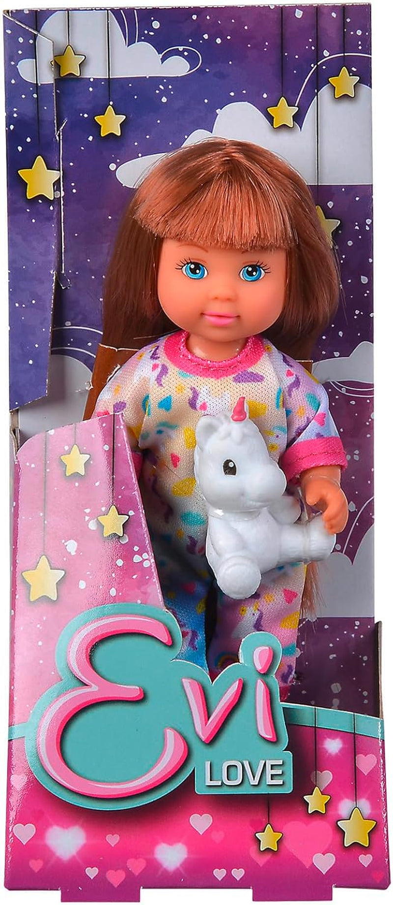 Simba Evi Love Pyjamas, 3 assorterede farver, kun én vare sendt, dukke i sød pyjamas med enhjørning plyslegetøj, legedukke 12 cm, alder 3+
