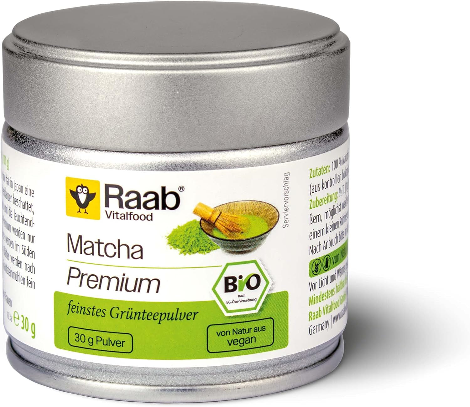 Raab Vitalfood® Premium Bio Matcha Pulver (30g) - Original fra Japan, ren matcha pulver uden tilsætningsstoffer, fint malet, mild-bitter smag, grøn te pulver, vegansk, te ceremoni