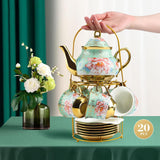 Keramisk tesæt med metalstativ, 20 stykker vintage blomstermønster porcelæn tesæt, tesæt i europæisk stil til 6, 160 ml keramisk tekop, 700 ml tekande, til fester