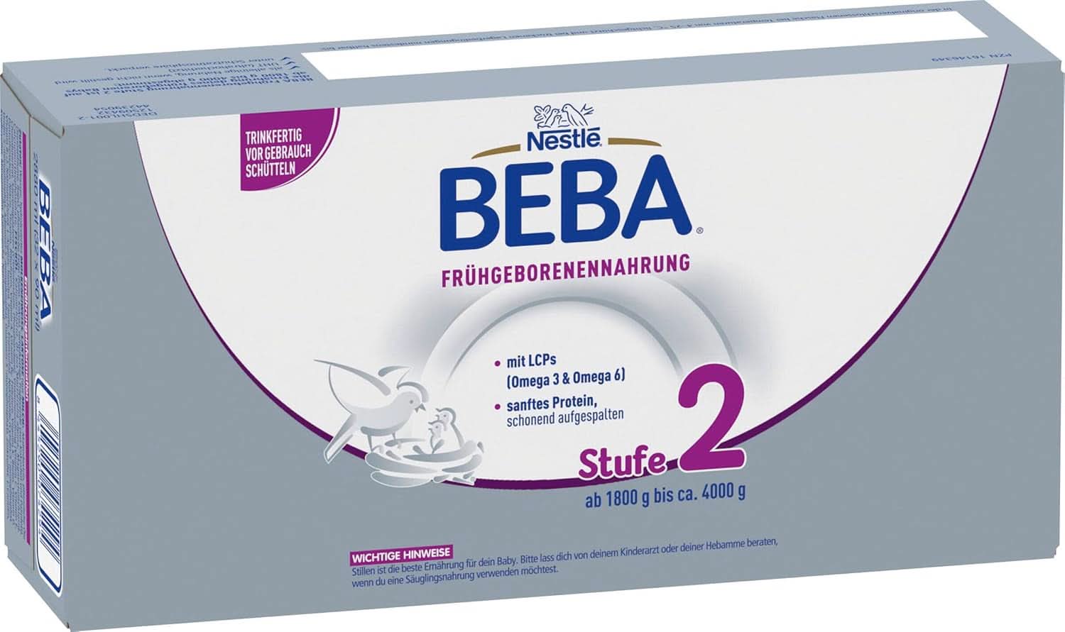 Mad til for tidligt fødte børn BEBA Level 2, Specialfoder til for tidligt fødte børn og nyfødte med lav vægt, klar til at drikke, pakke med 32 (32 x 90 ml) Naty Shop